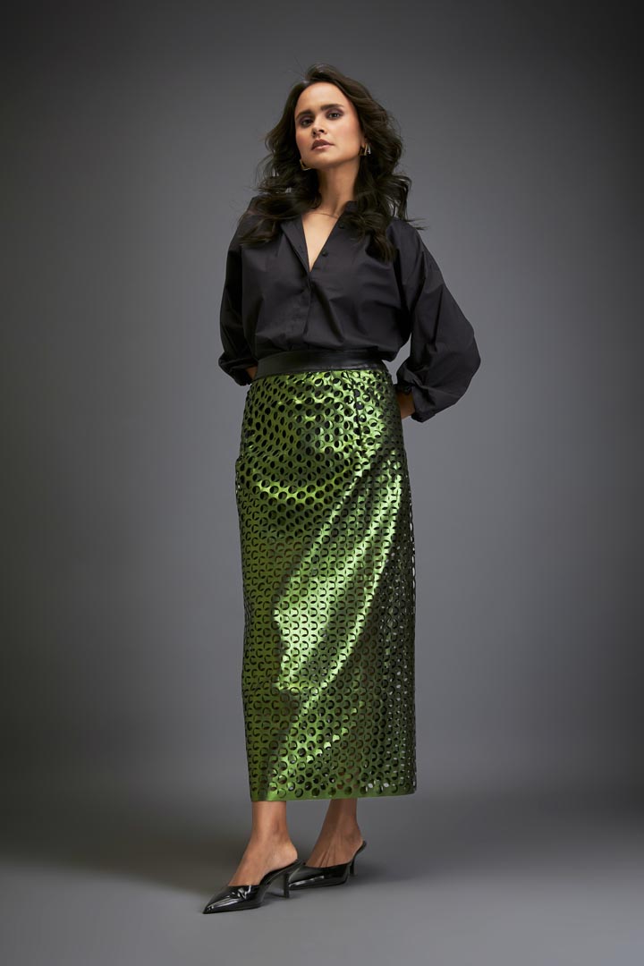 Metallic Skirt With Geometric Cutout Detailing