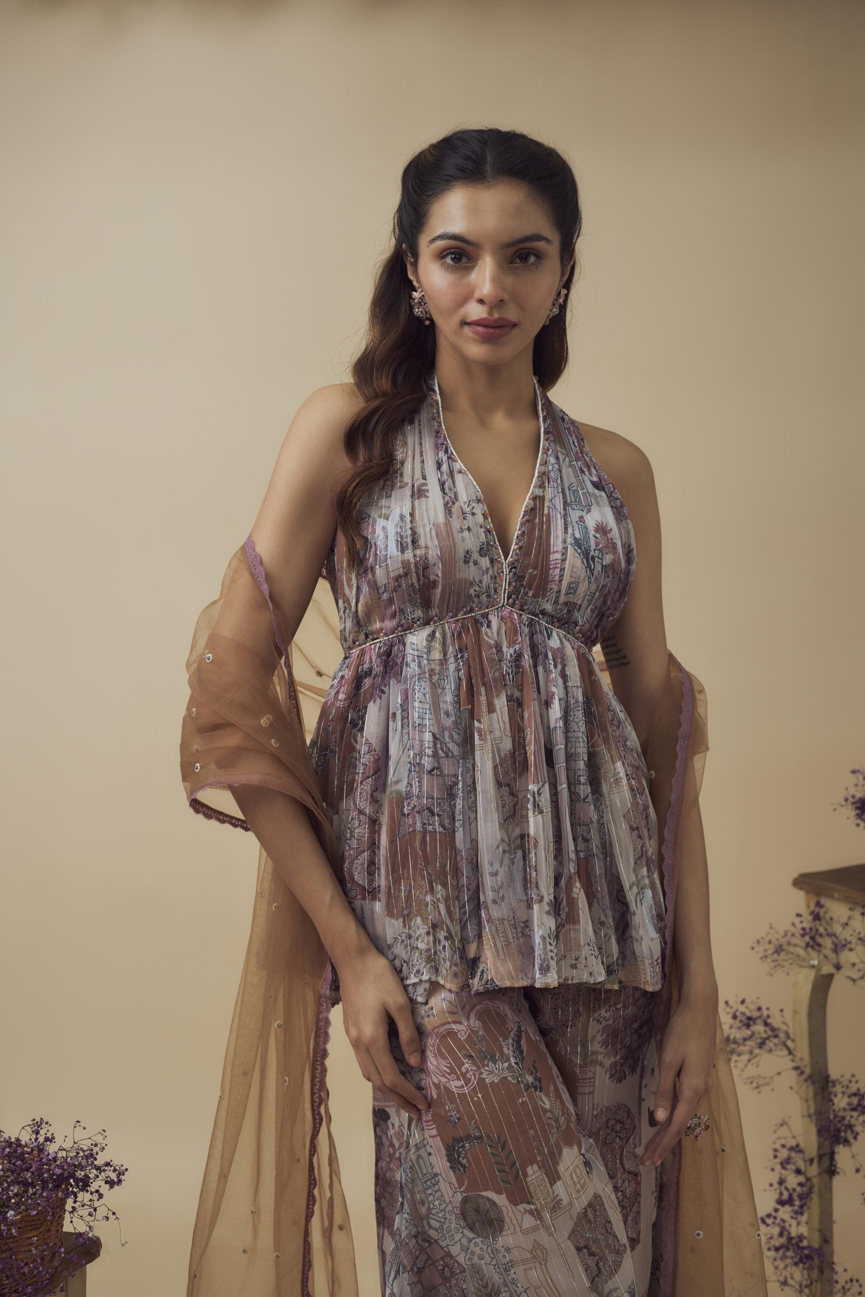 PRINTED LUREX STONE EMBELLISHED PALAZZO SET