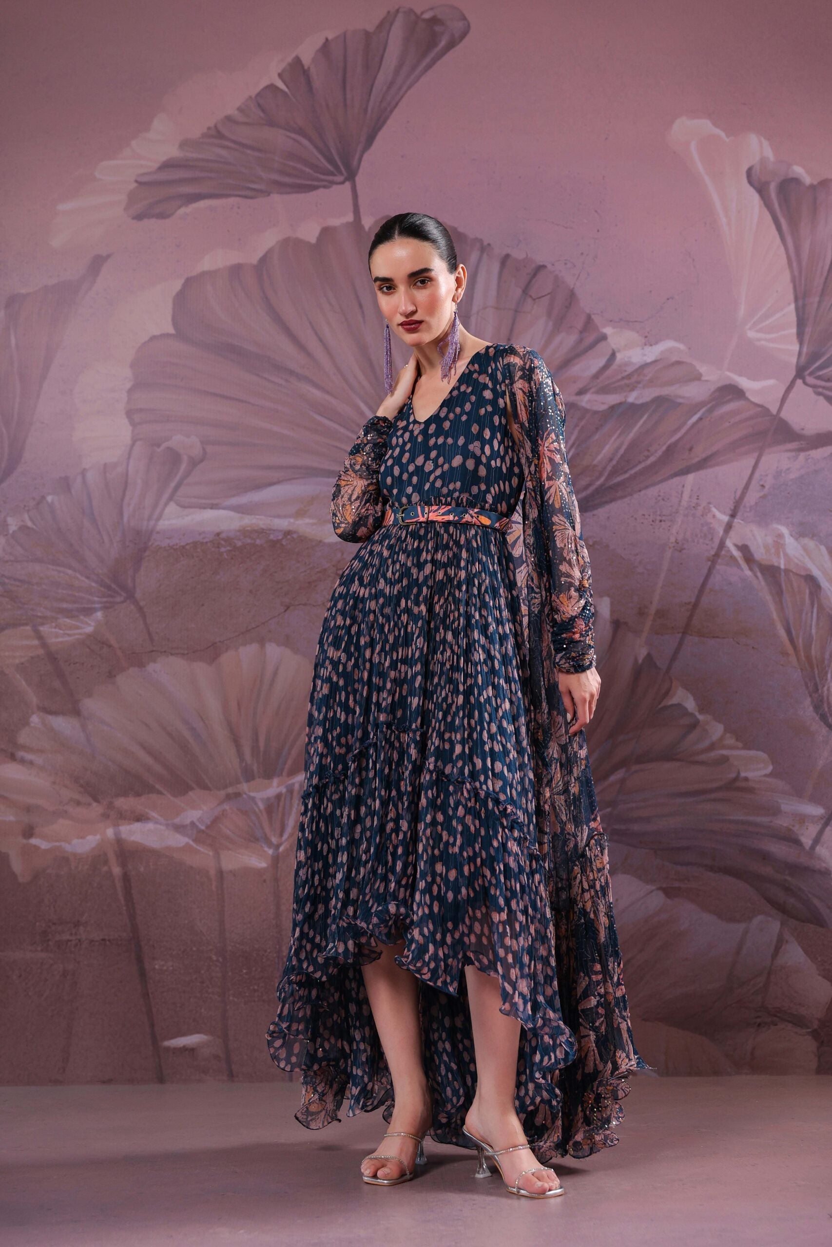 Prussiam Blue park-street jhilmil cape with tier dress