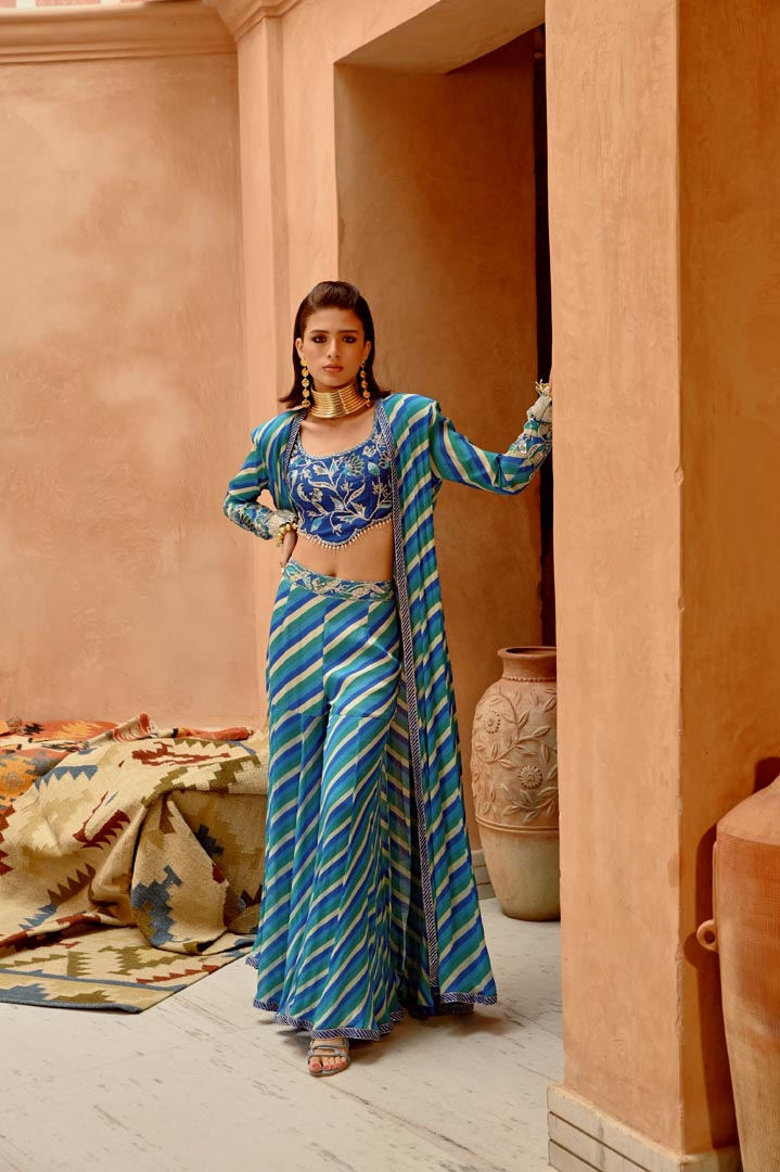 Image of Blue Indi-leheriya kallidar jacket with sharara and scallop crop top