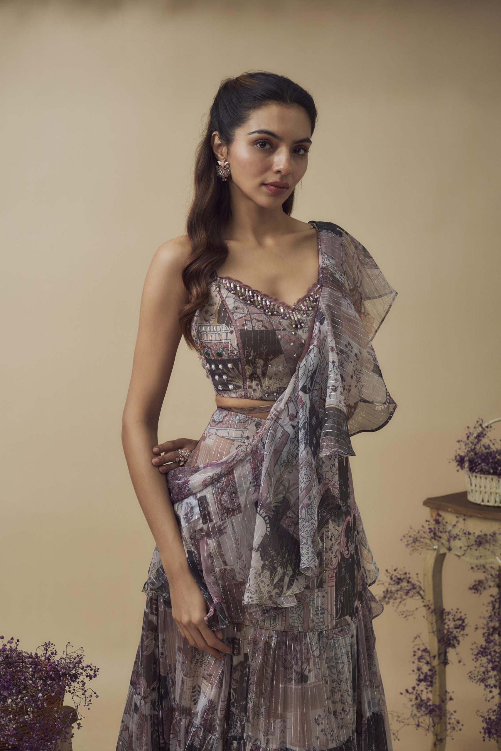 PRINTED HAND EMBROIDERED RUFFLE DRAPE LEHENGA SET