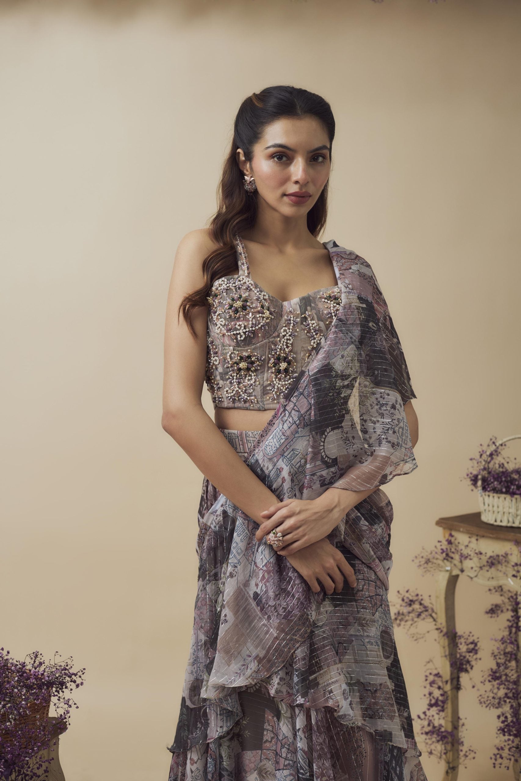 PRINTED HAND EMBROIDERED READY TO WEAR RUFFLE SAREE SET