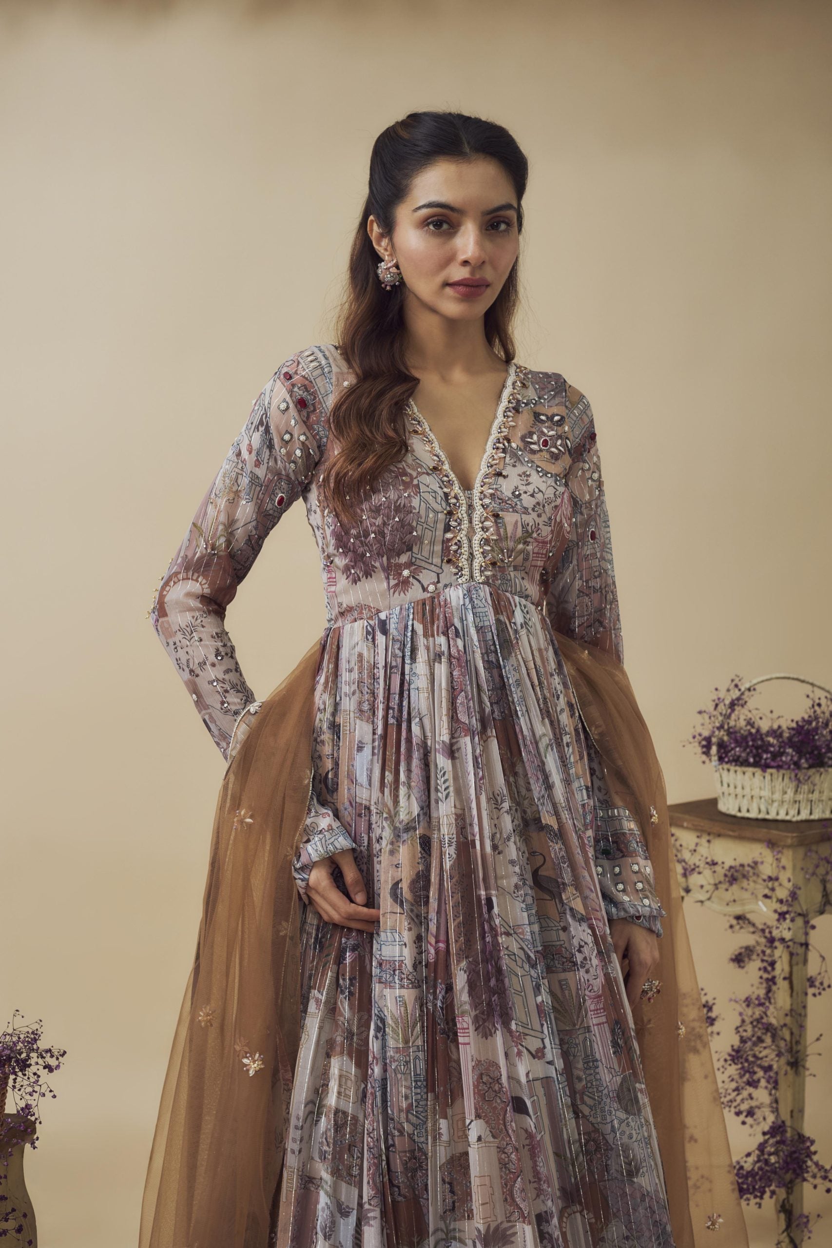 PRINTED HAND EMBROIDERED GOWN SET