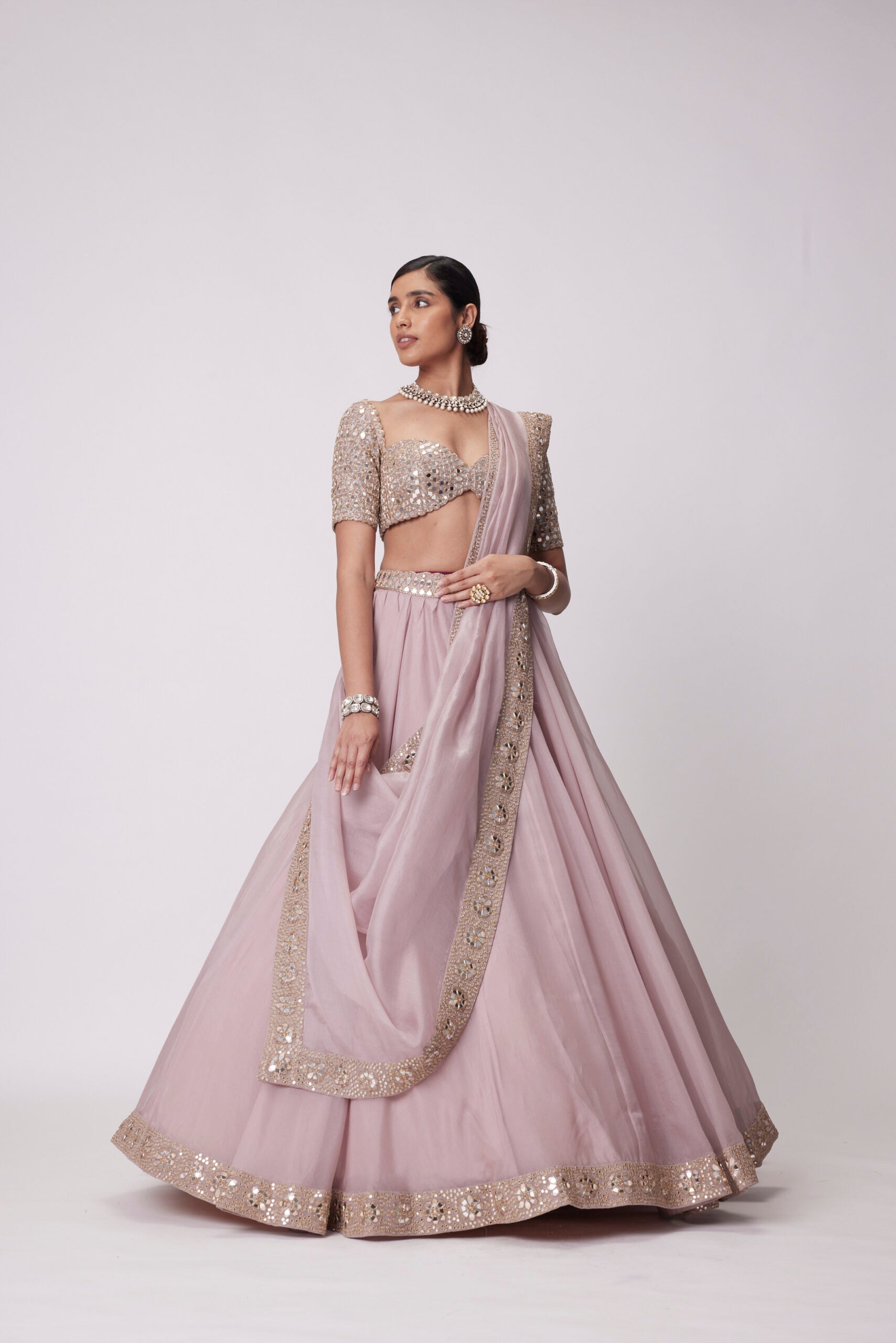 Image of ASH PINK FLOWER BORDER ORGANZA LEHENGA SET
