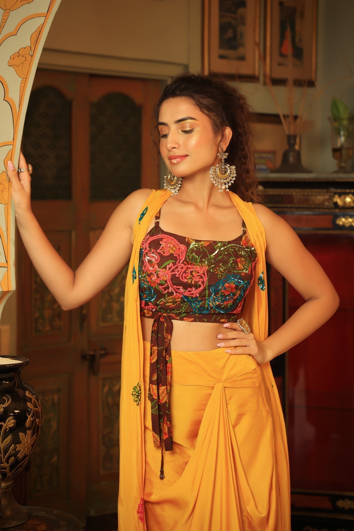 Image of Dilruba coco brown yellow rangeen sitara tie up top with drape skirt cape set