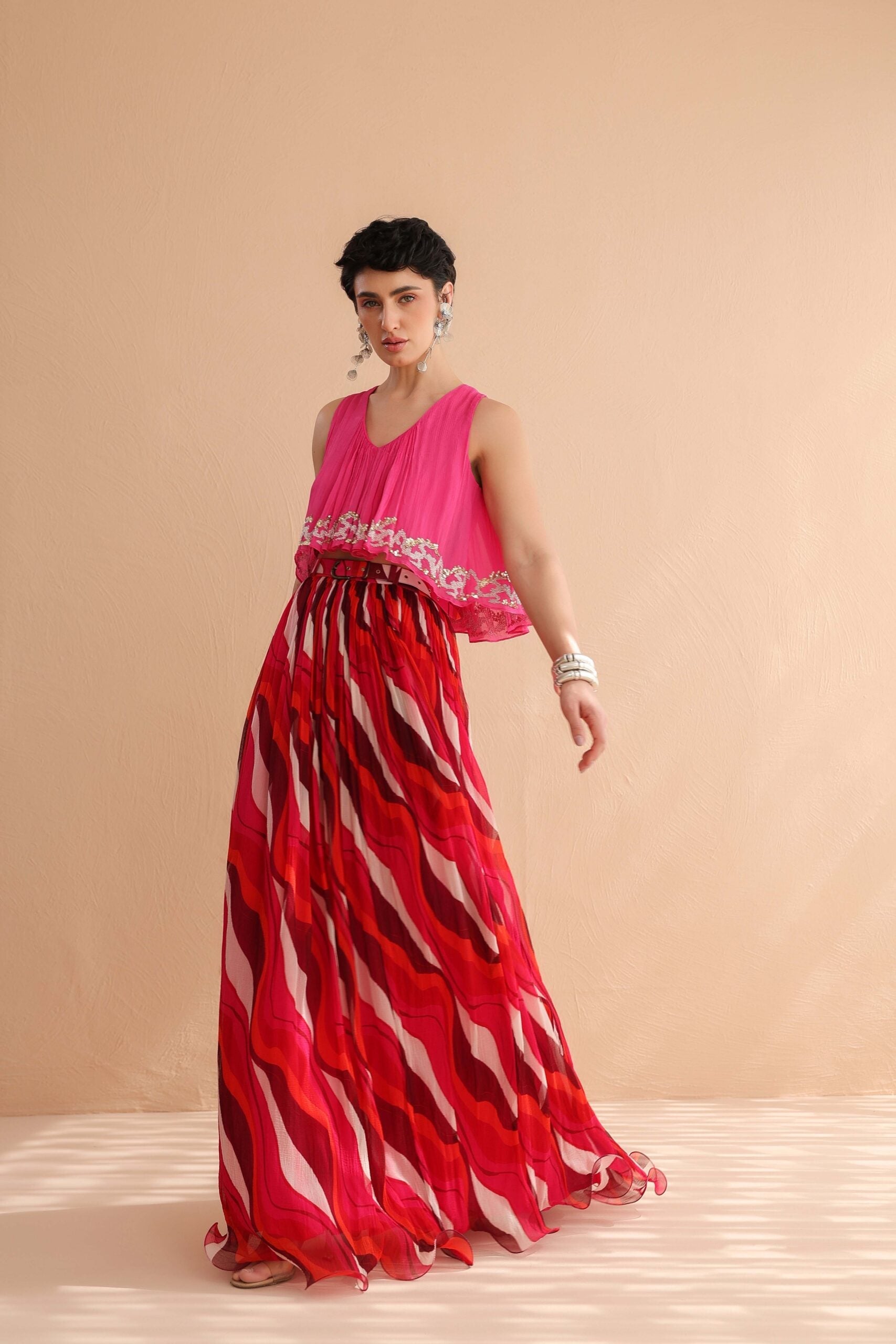 Fuchsia Collar Boho Top with  Lehar Print Skirt Set