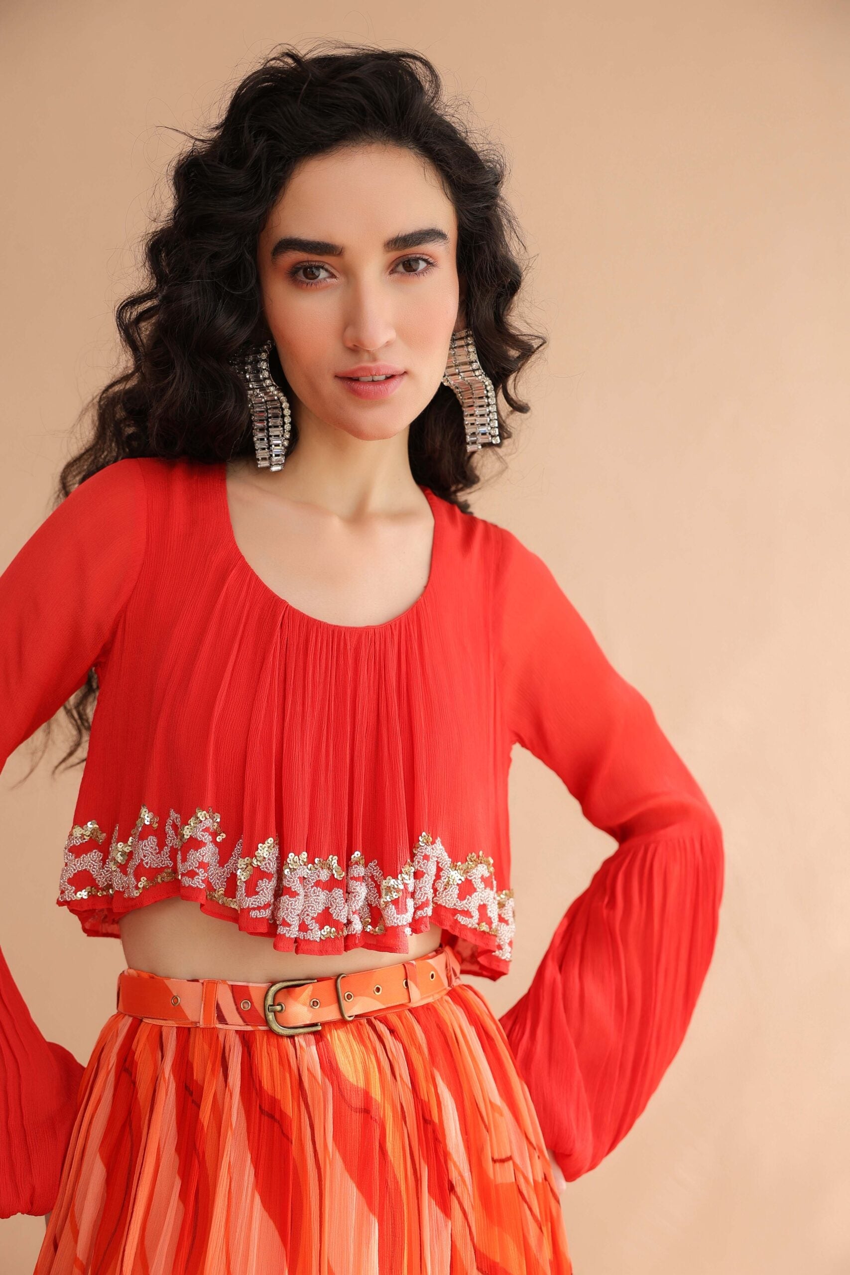 Coral Collar Boho Top with  Lehar Print Skirt Set
