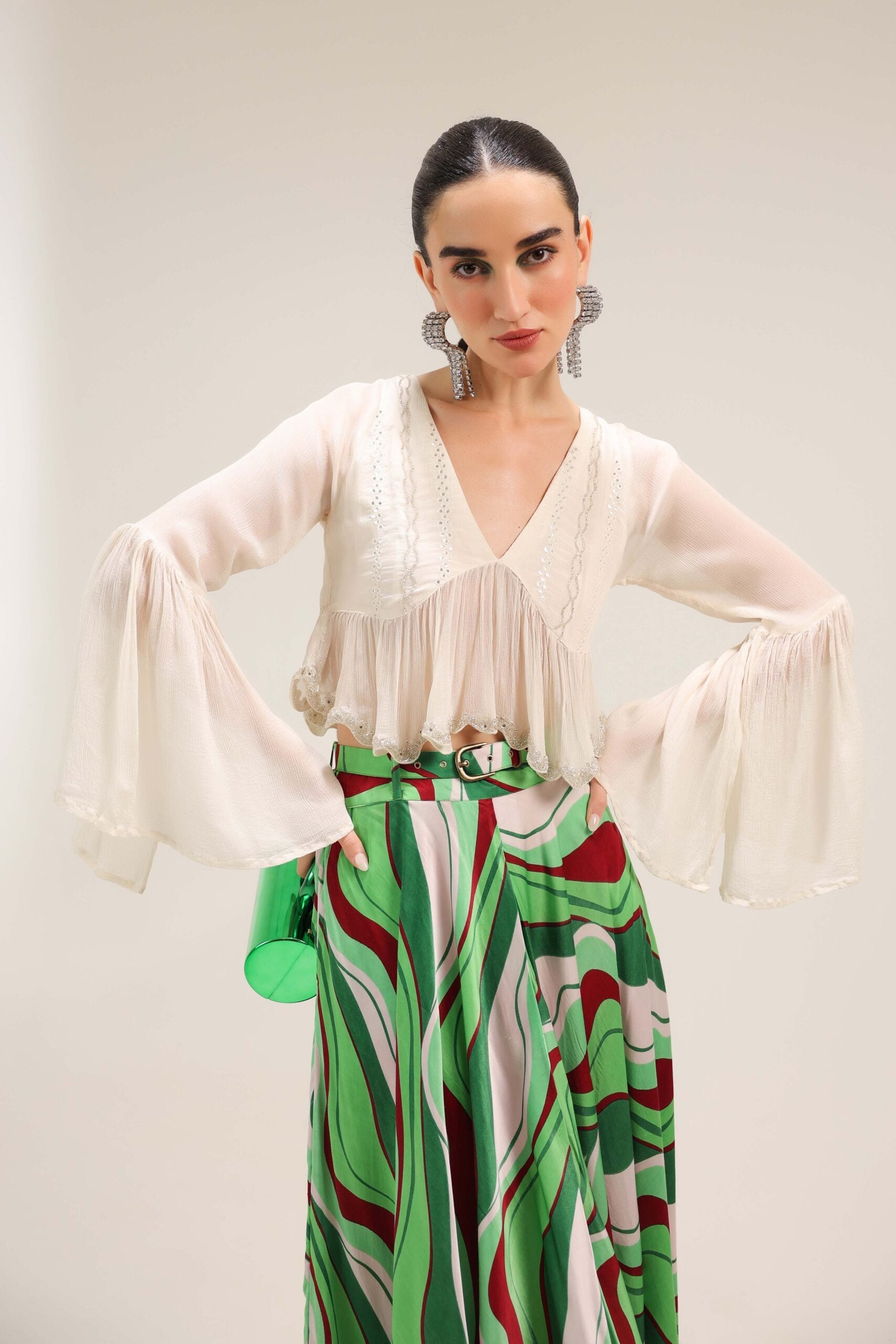 Ivory Sand Boho Top with Forest Green Lehar Print skirt set