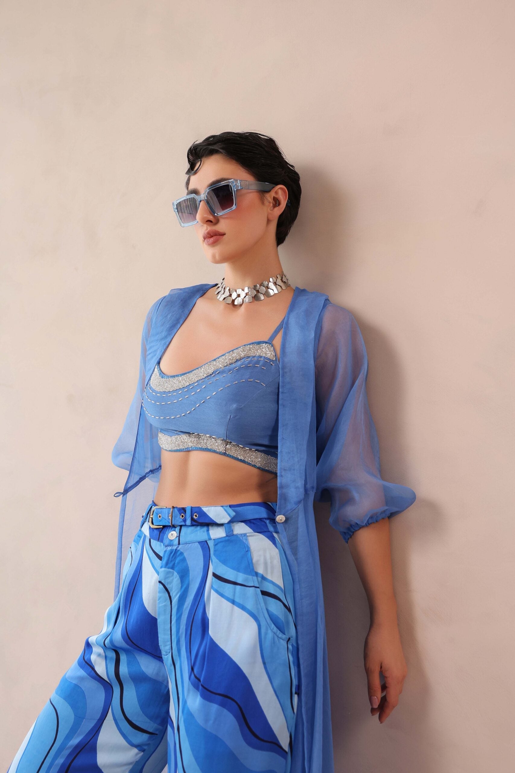 Ocean Blue sheer jacket & tide bling top with Atlantic Blue lehar Print  pant set