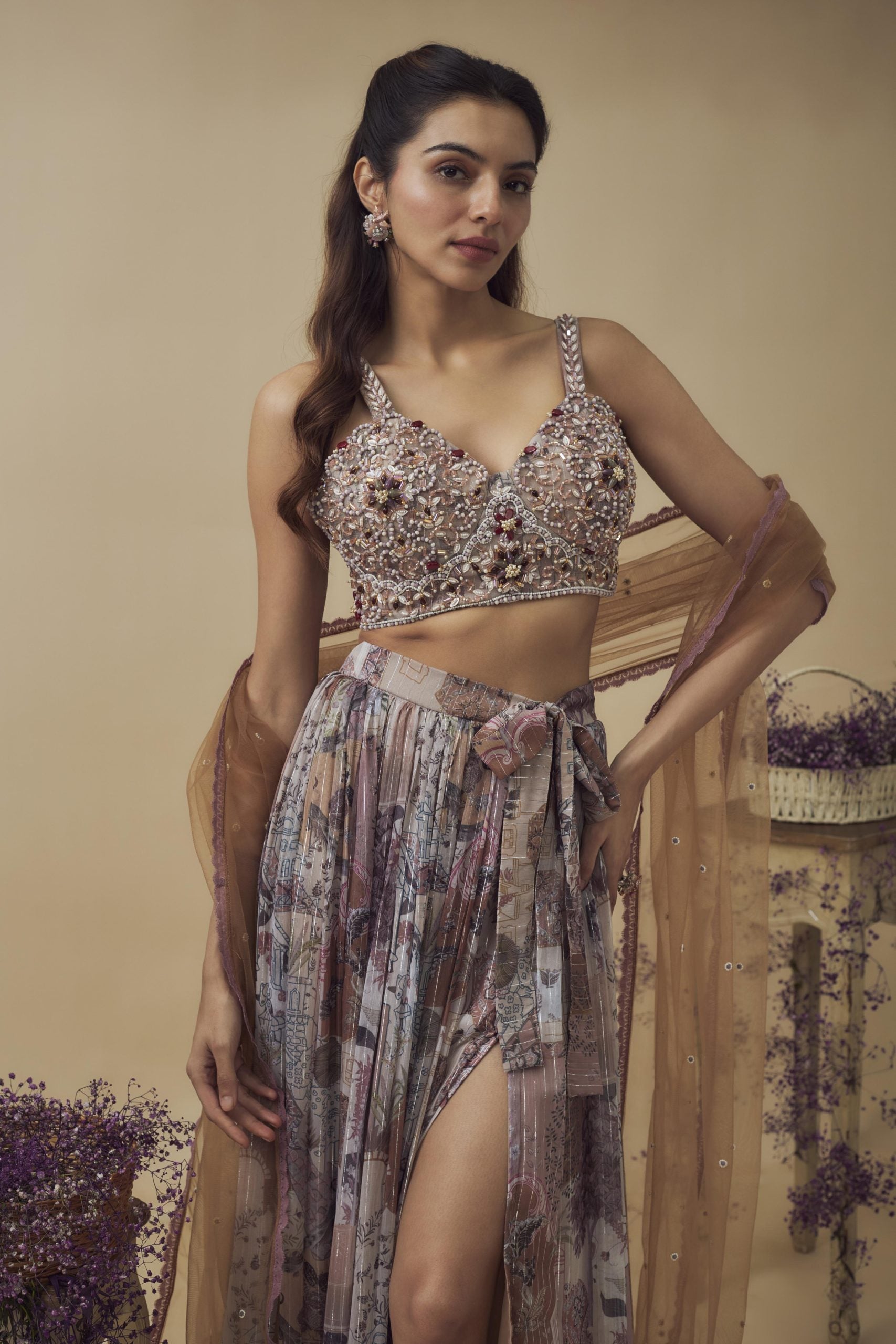 PRINTED LUREX HAND EMBROIDERED SKIRT SET