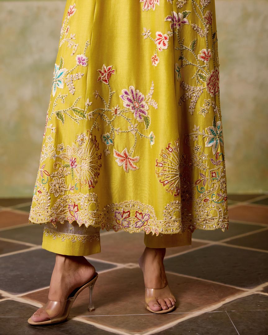 YELLOW CONTRAST CORDWORK FLARED LONG KURTA