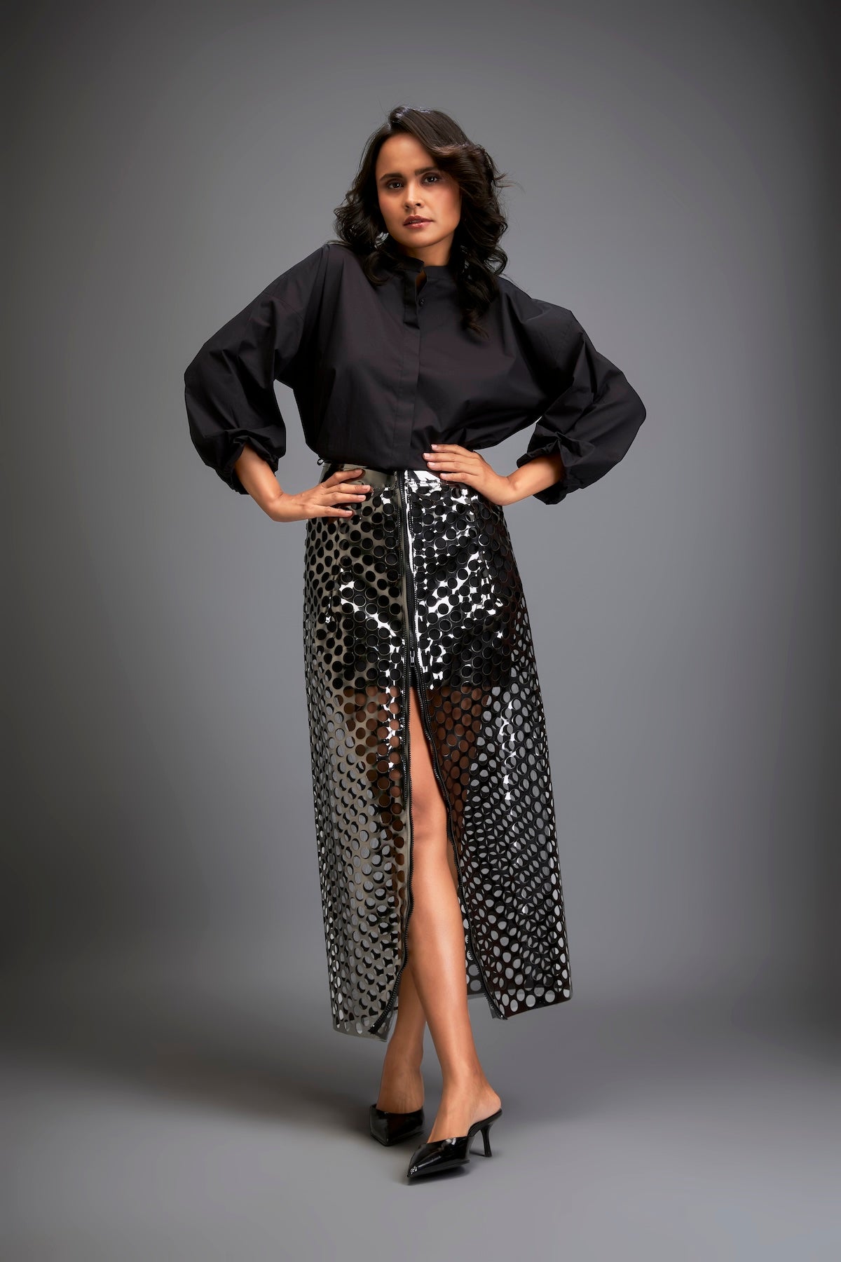 Metallic Gun Metal Skirt With Geometric Cutout Detailing