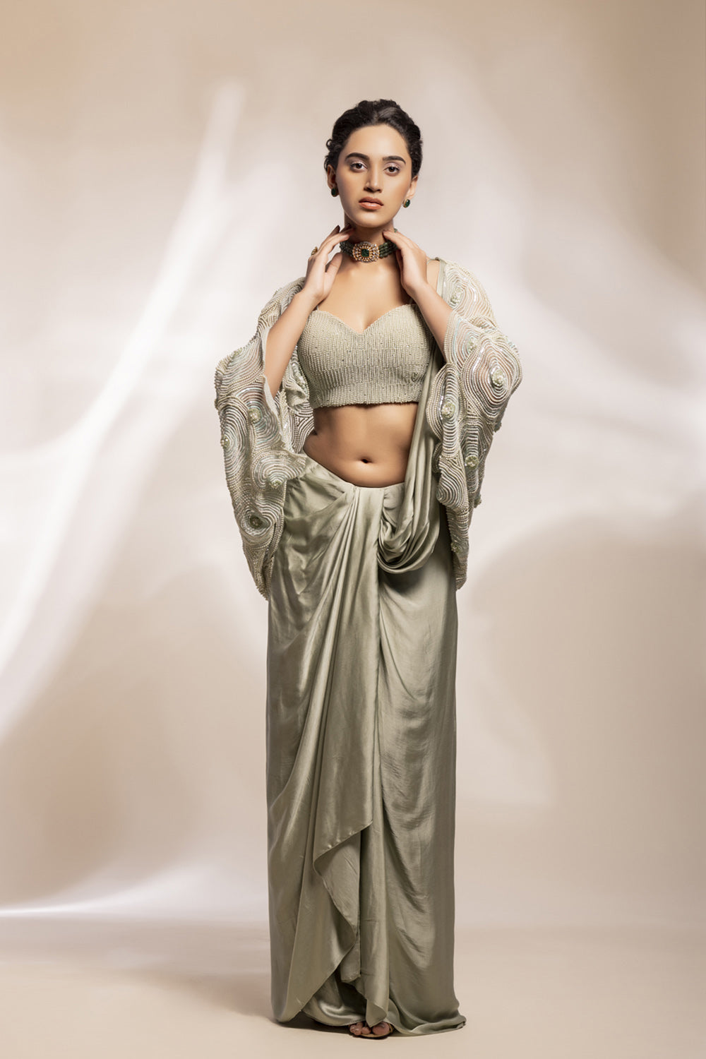 Abstract Embroidered Sheer Cape Ensemble With Pearl-Encrusted Bustier And Modal Satin Lungi Drape. - Auraya Fashion - Gee Sin by Geetanjali -