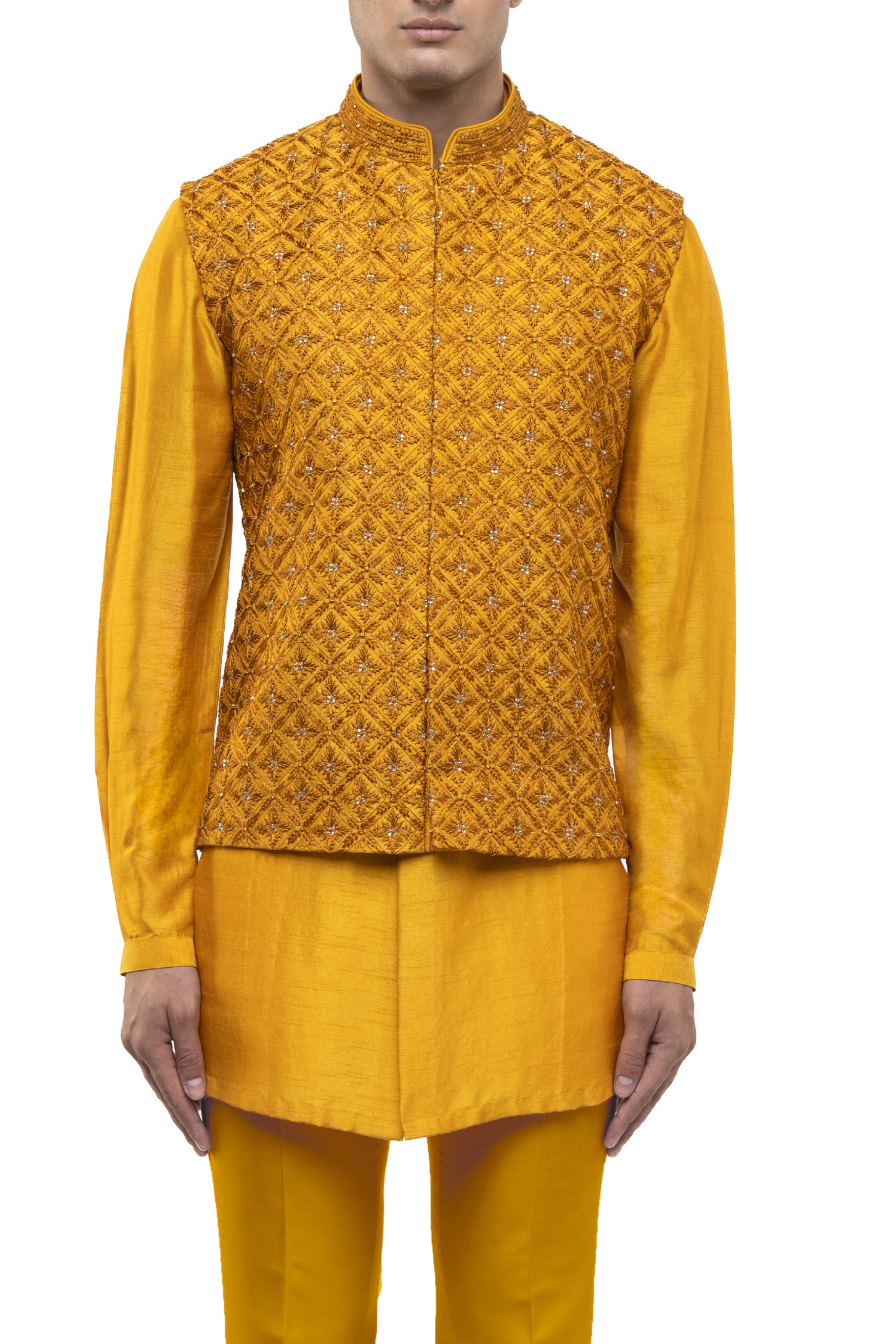 Yellow Silk Mughal Motifs Kurta Bandi Set