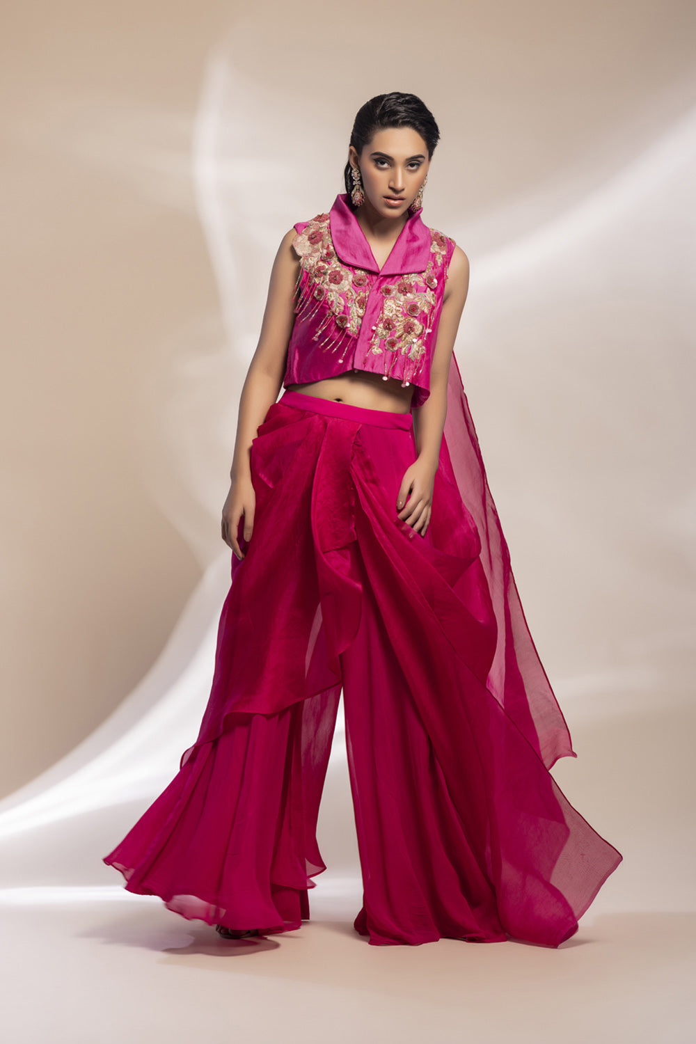 Fuscia Cropped Jacket With Gold Embellishments + Pleated Organza Sharara - Auraya Fashion
