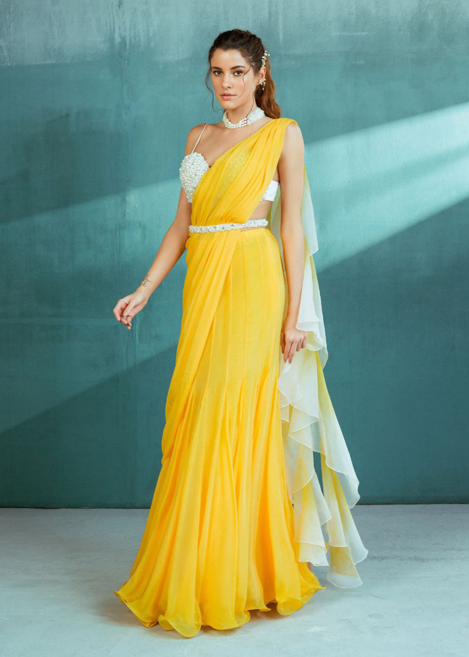 Yellow Chiffon Draped Saree Set