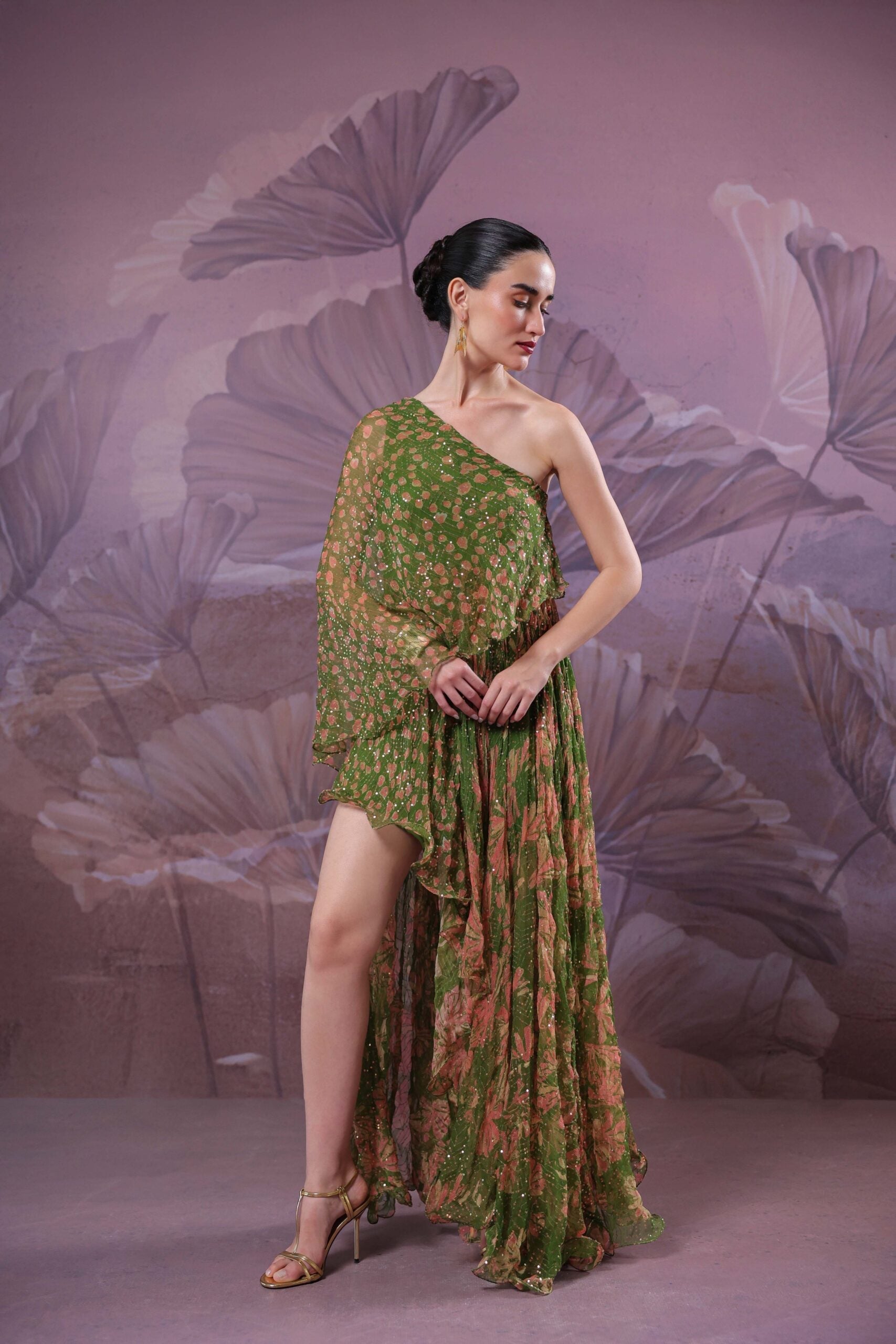 Avacado green marble palace 1 off shoulder maxi