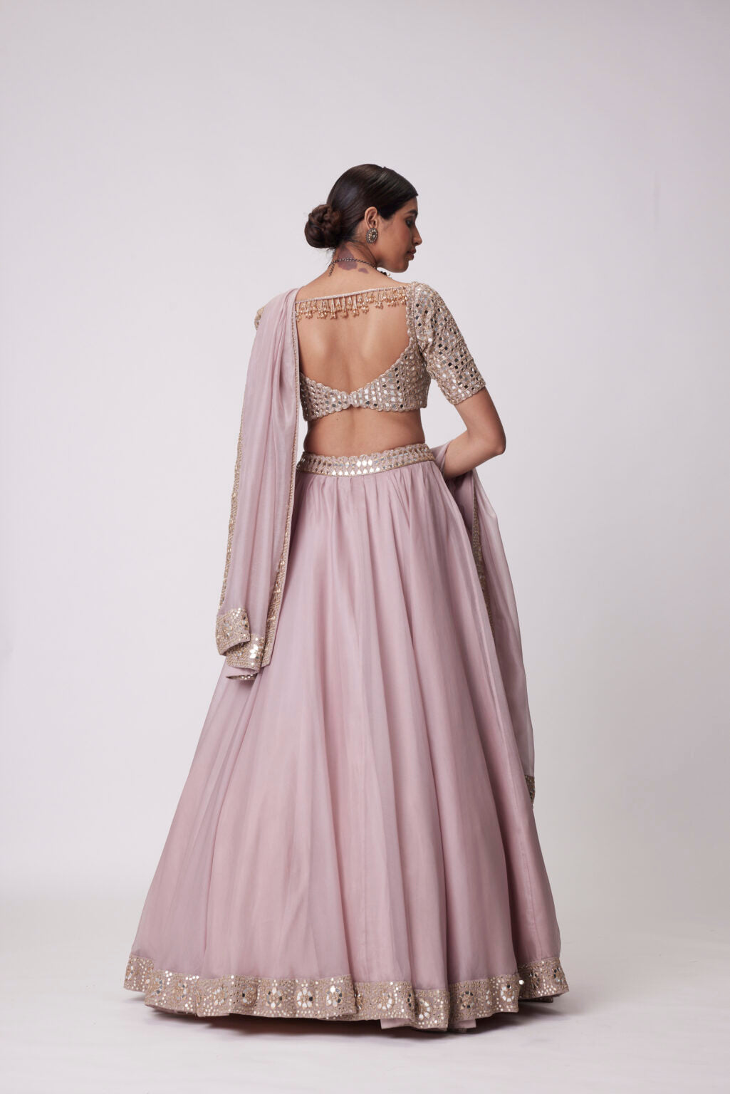Image of ASH PINK FLOWER BORDER ORGANZA LEHENGA SET