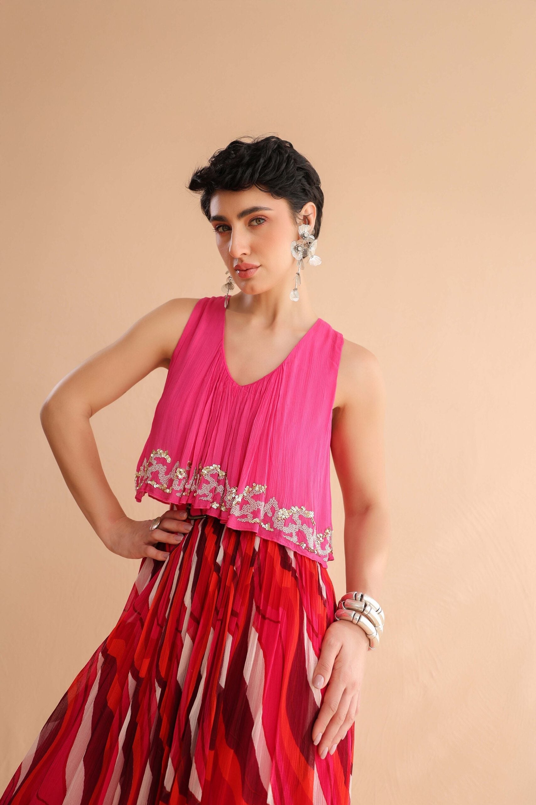 Fuchsia Collar Boho Top with  Lehar Print Skirt Set