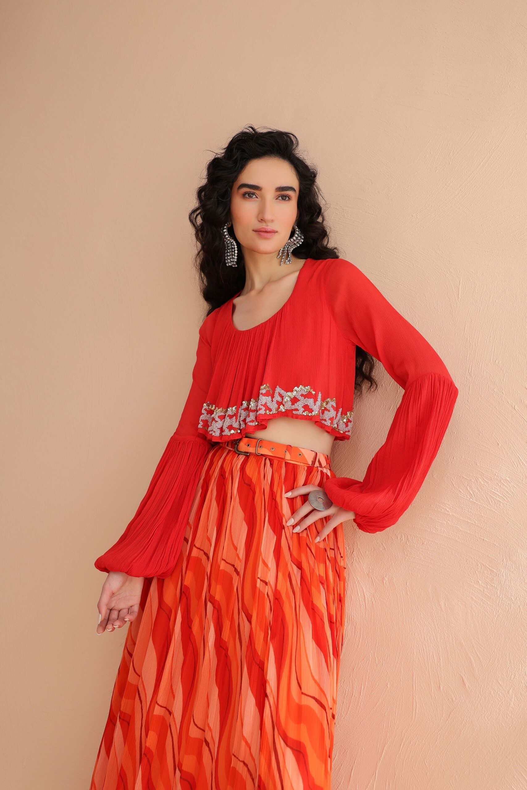 Coral Collar Boho Top with  Lehar Print Skirt Set