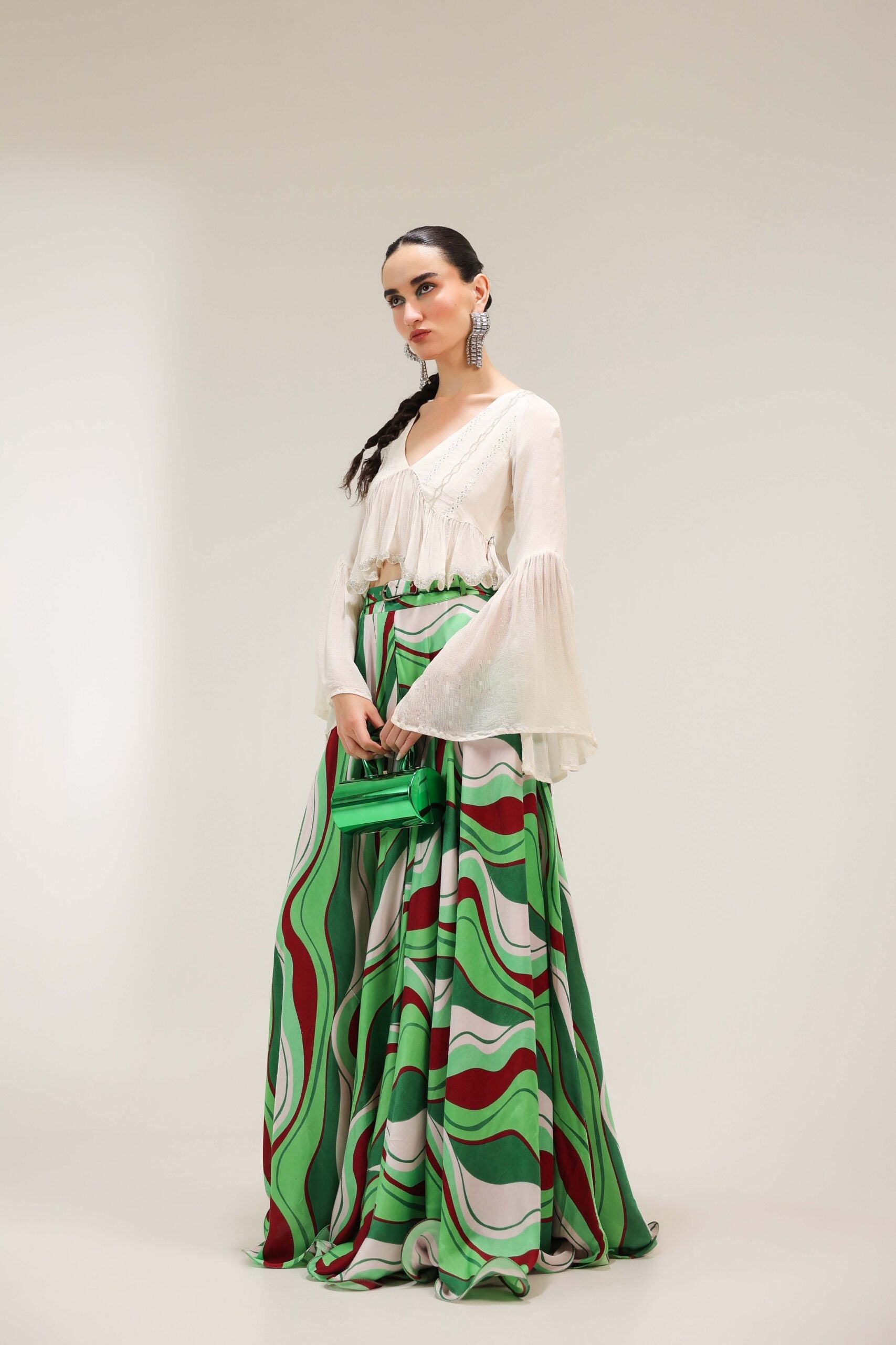 Ivory Sand Boho Top with Forest Green Lehar Print skirt set