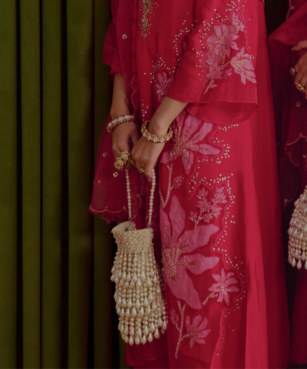 Zarah Ivory Pearl Suede Embellished Potli