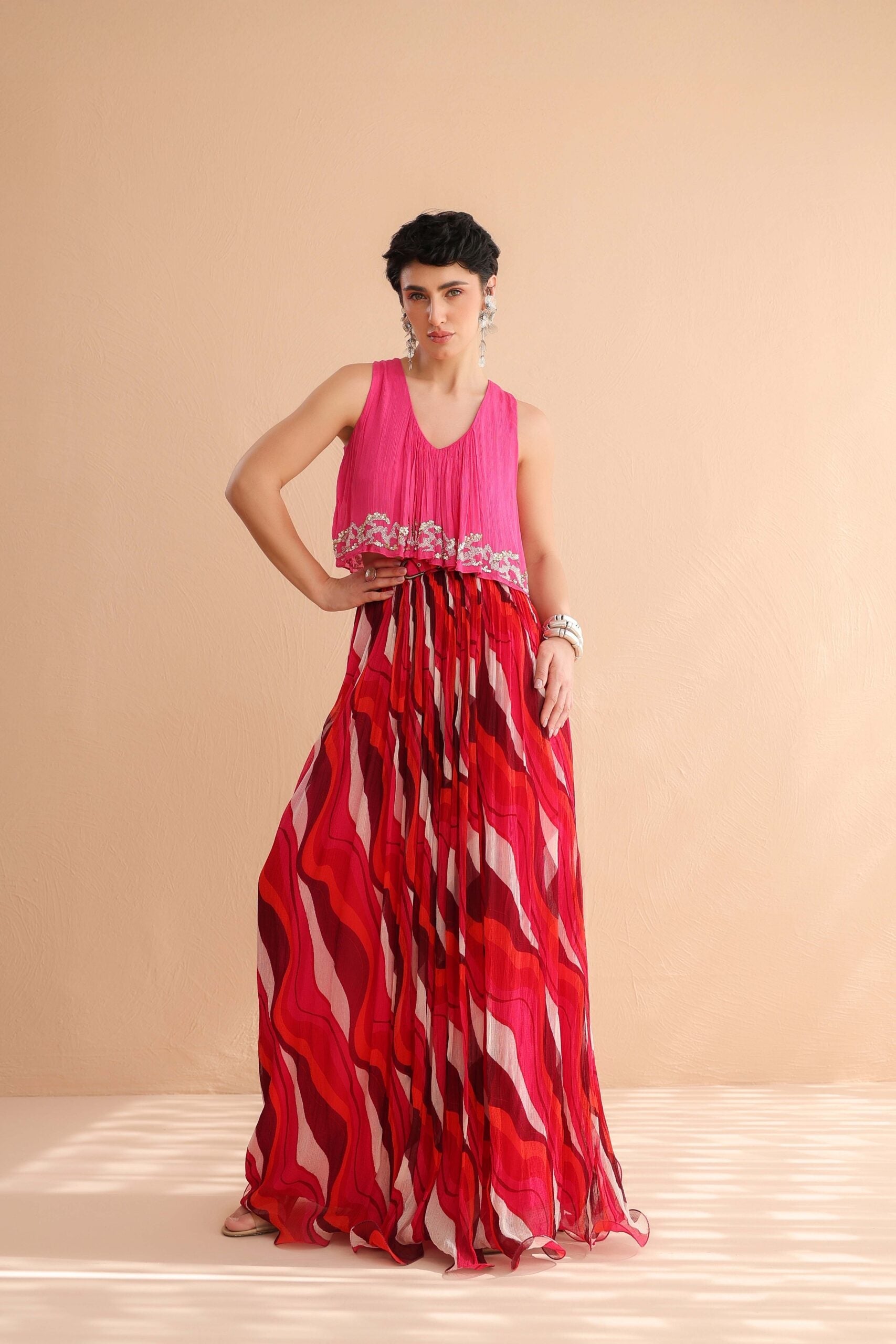 Fuchsia Collar Boho Top with  Lehar Print Skirt Set
