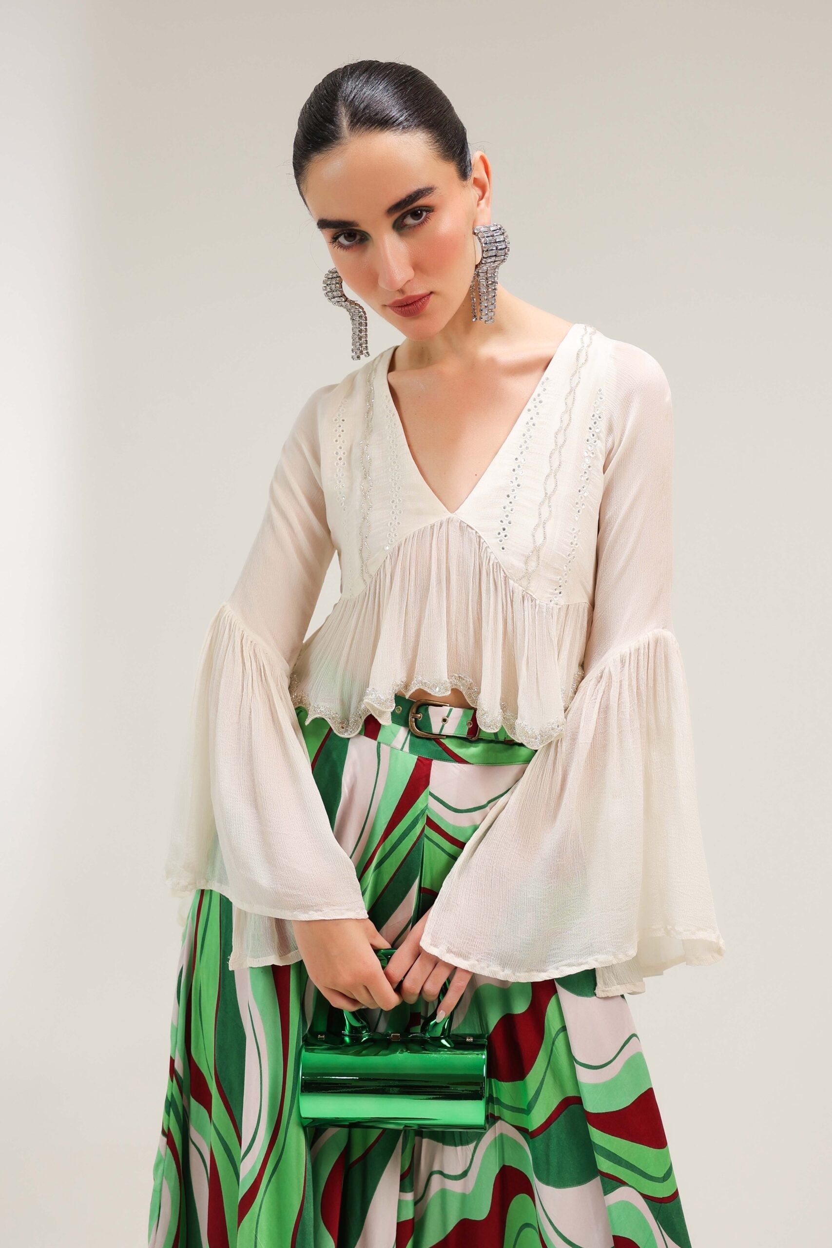 Ivory Sand Boho Top with Forest Green Lehar Print skirt set