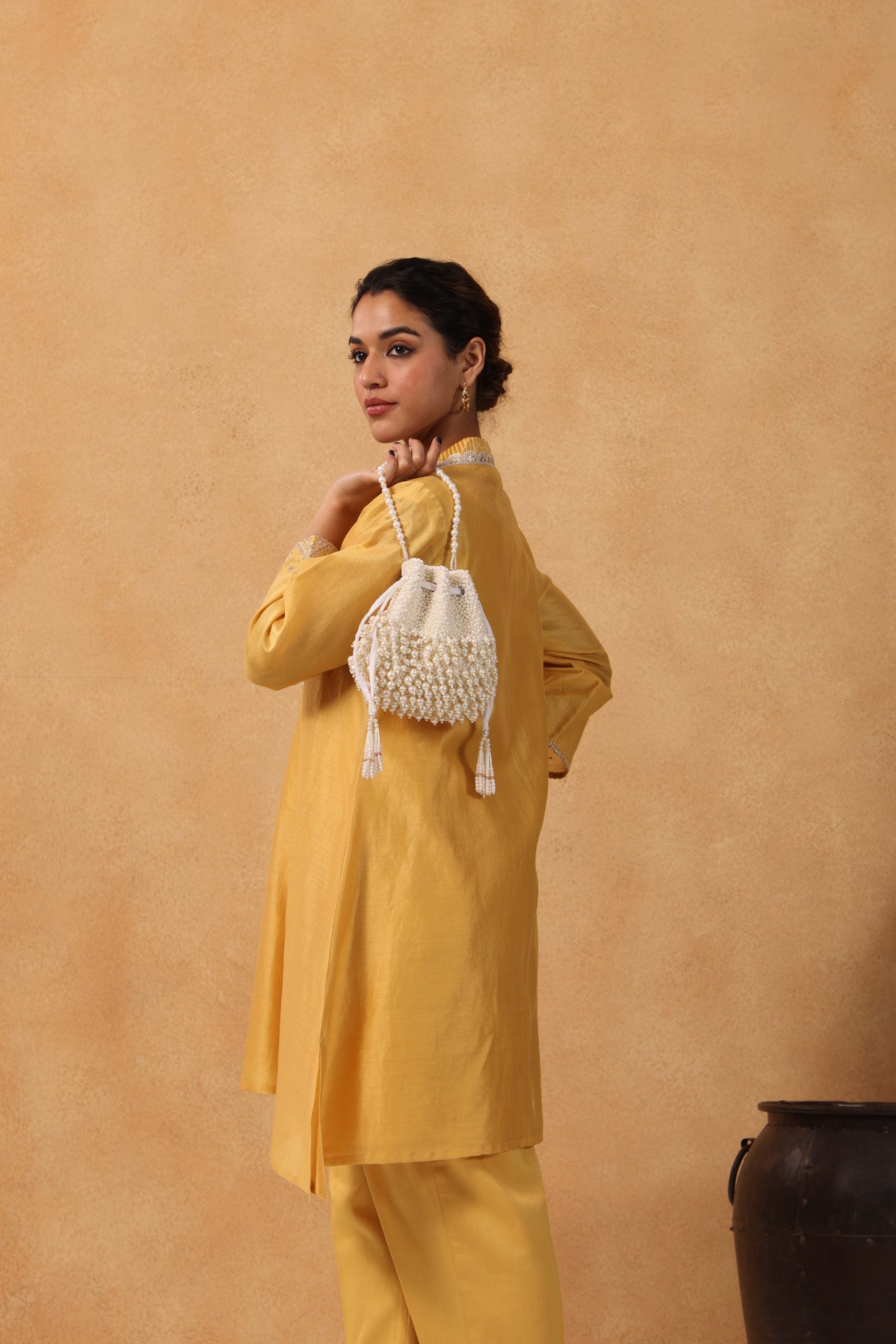 Zeba Ivory Suede Pearl Embellished Potli