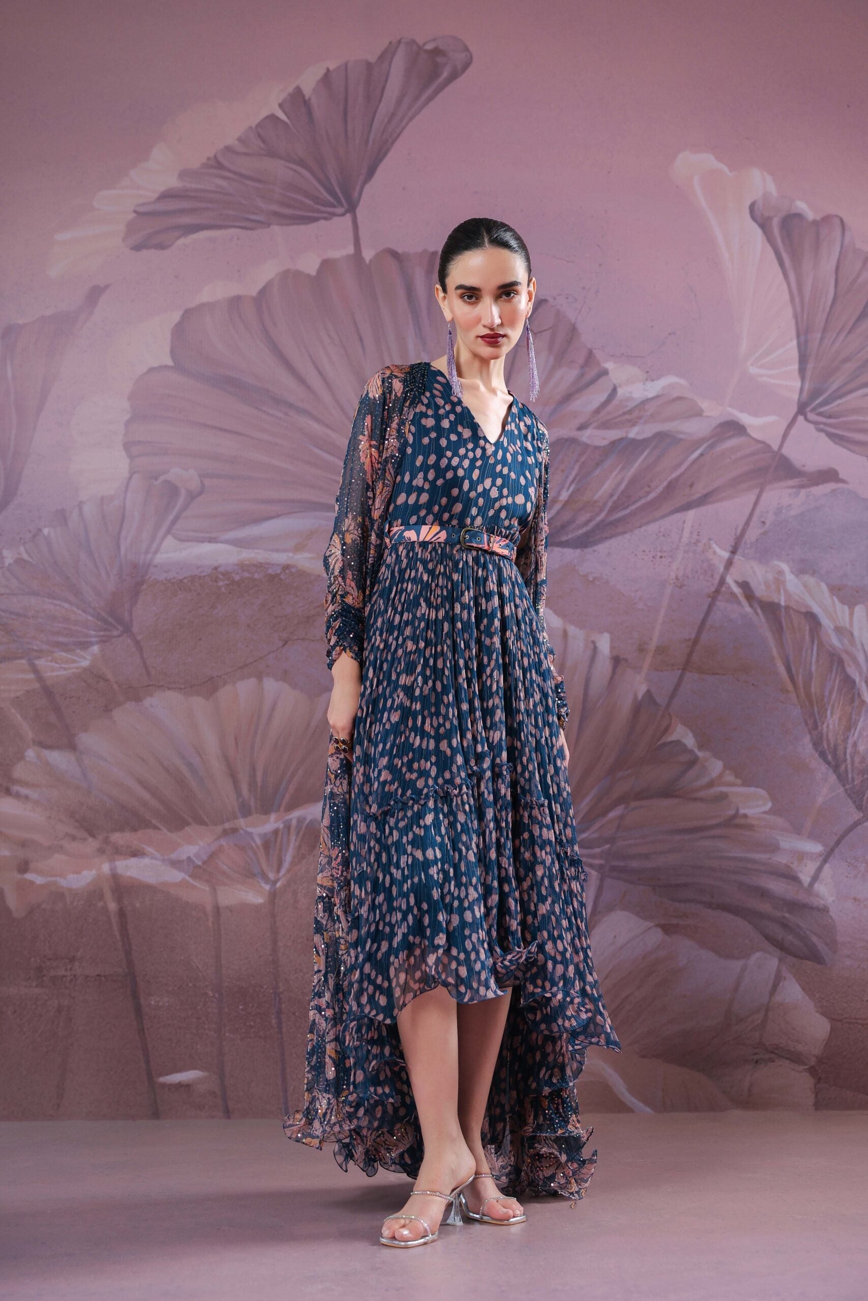 Prussiam Blue park-street jhilmil cape with tier dress