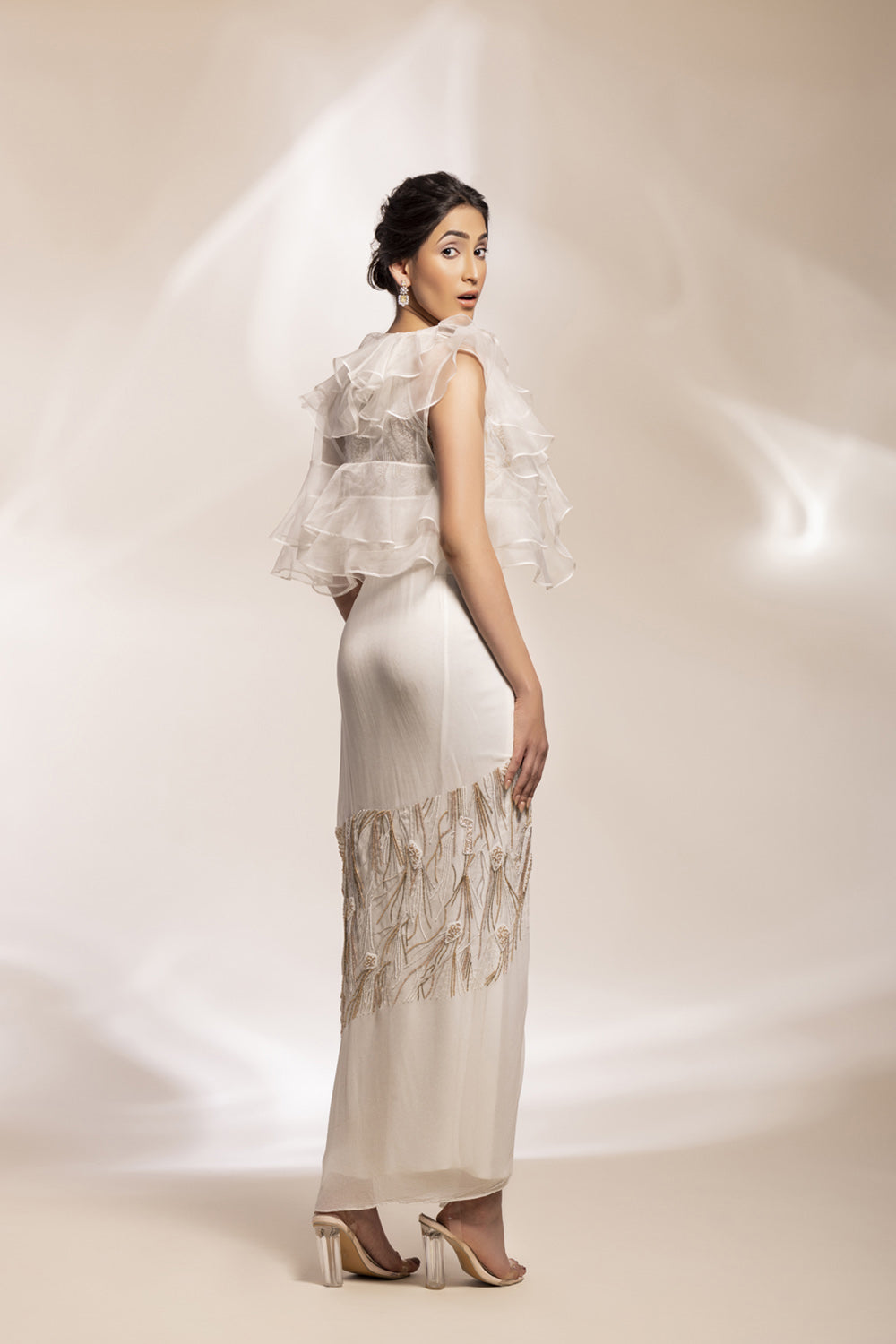 Abstract Cascade Lungi Drape With Organza Ruffle Jacket - Auraya Fashion