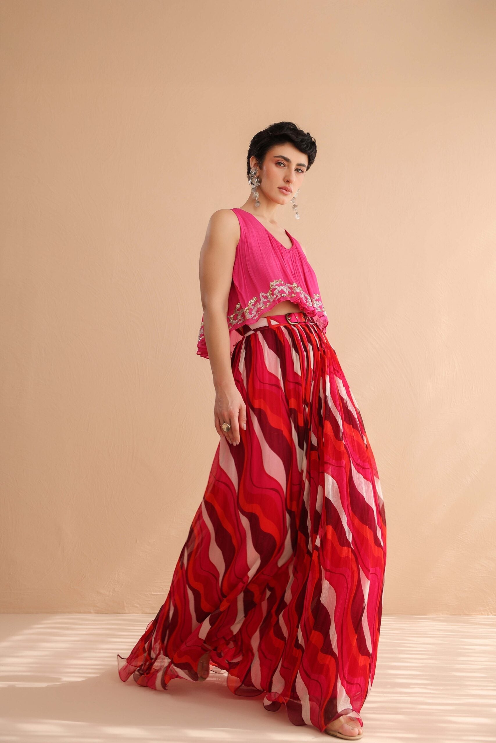 Fuchsia Collar Boho Top with  Lehar Print Skirt Set