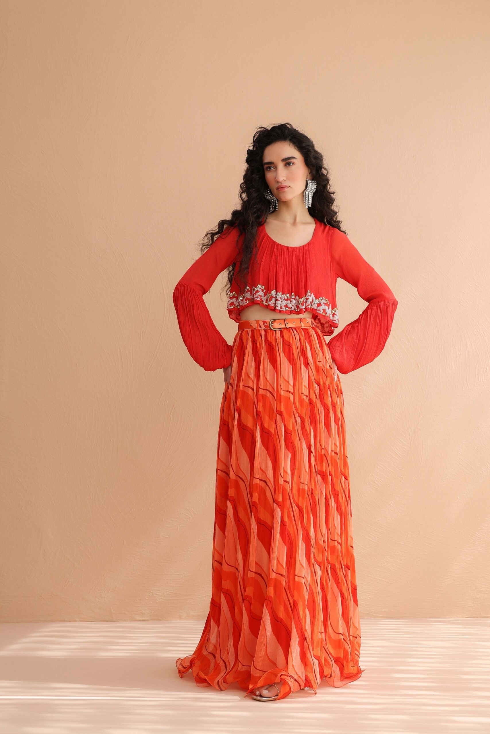 Coral Collar Boho Top with  Lehar Print Skirt Set