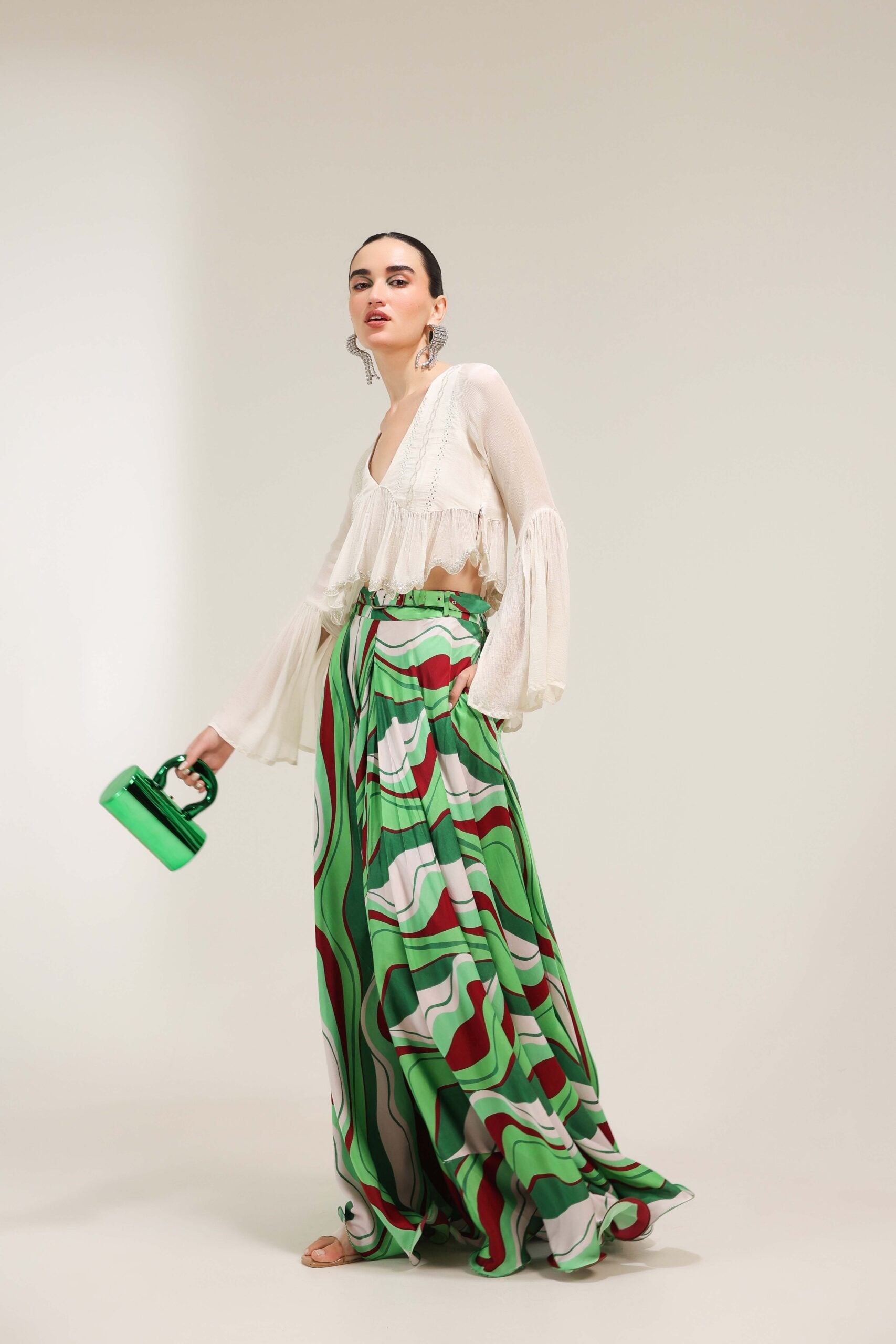 Ivory Sand Boho Top with Forest Green Lehar Print skirt set