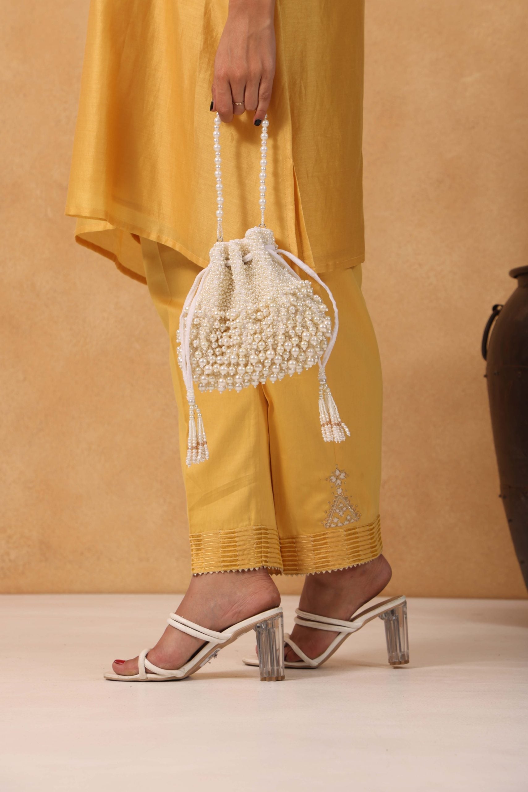 Zeba Ivory Suede Pearl Embellished Potli