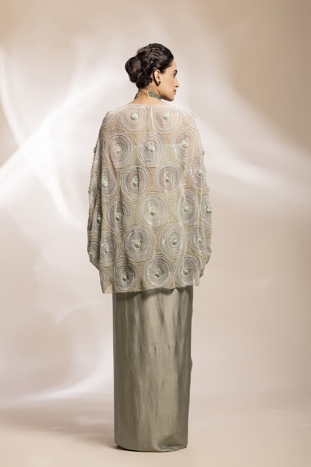 Abstract Embroidered Sheer Cape Ensemble With Pearl-Encrusted Bustier And Modal Satin Lungi Drape. - Auraya Fashion