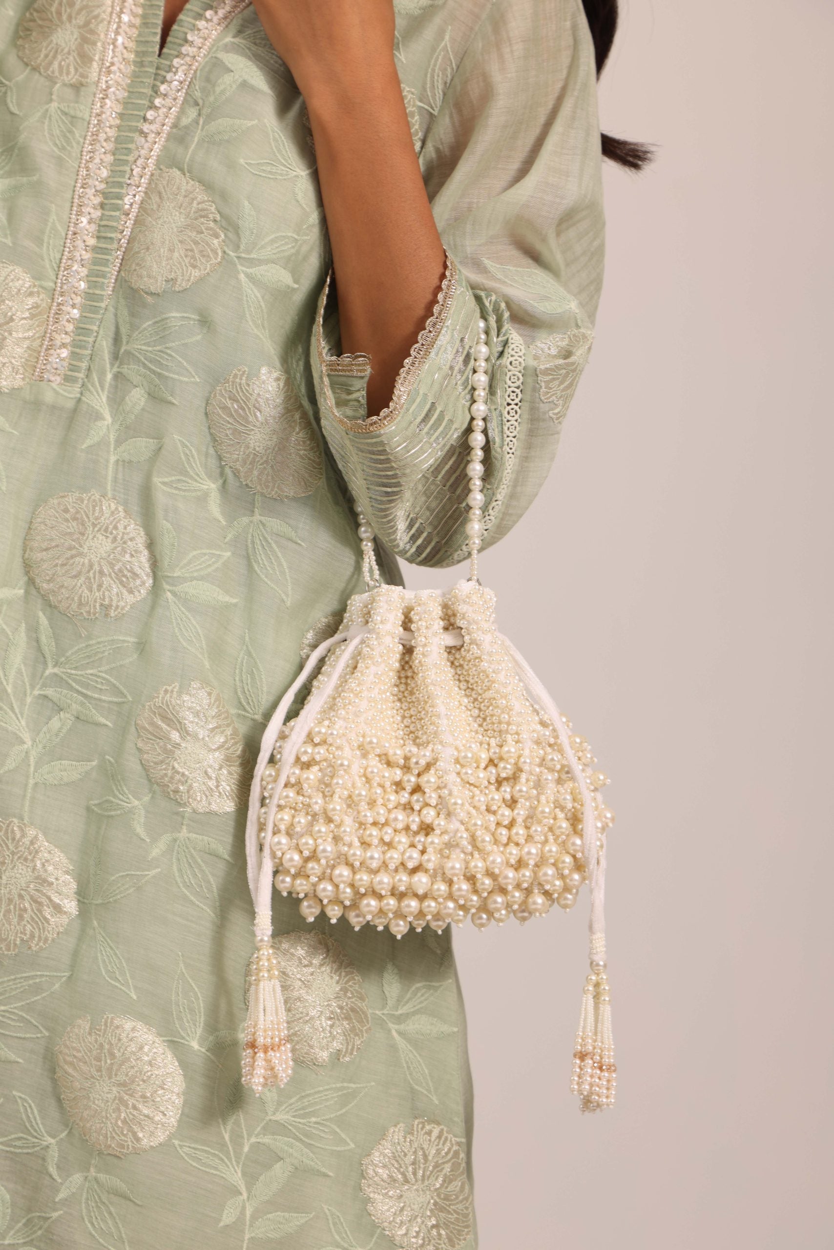 Zeba Ivory Suede Pearl Embellished Potli