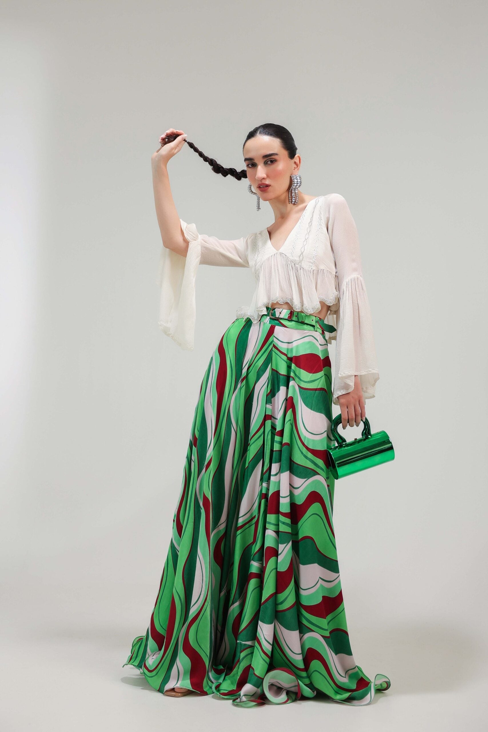 Ivory Sand Boho Top with Forest Green Lehar Print skirt set