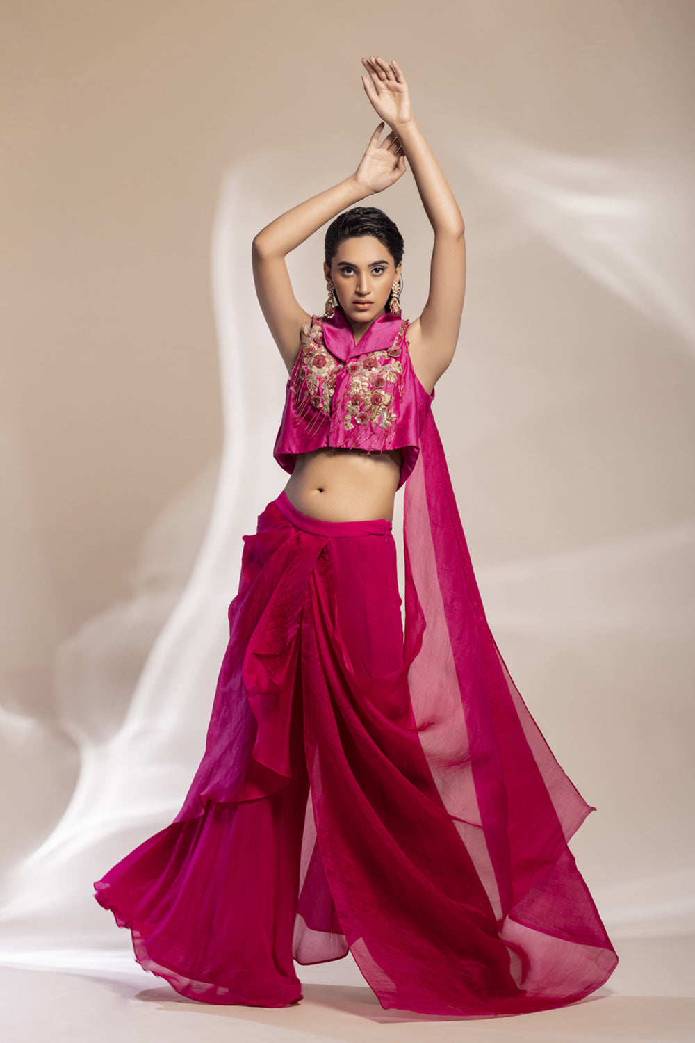 Fuscia Cropped Jacket With Gold Embellishments + Pleated Organza Sharara - Auraya Fashion - Gee Sin by Geetanjali -