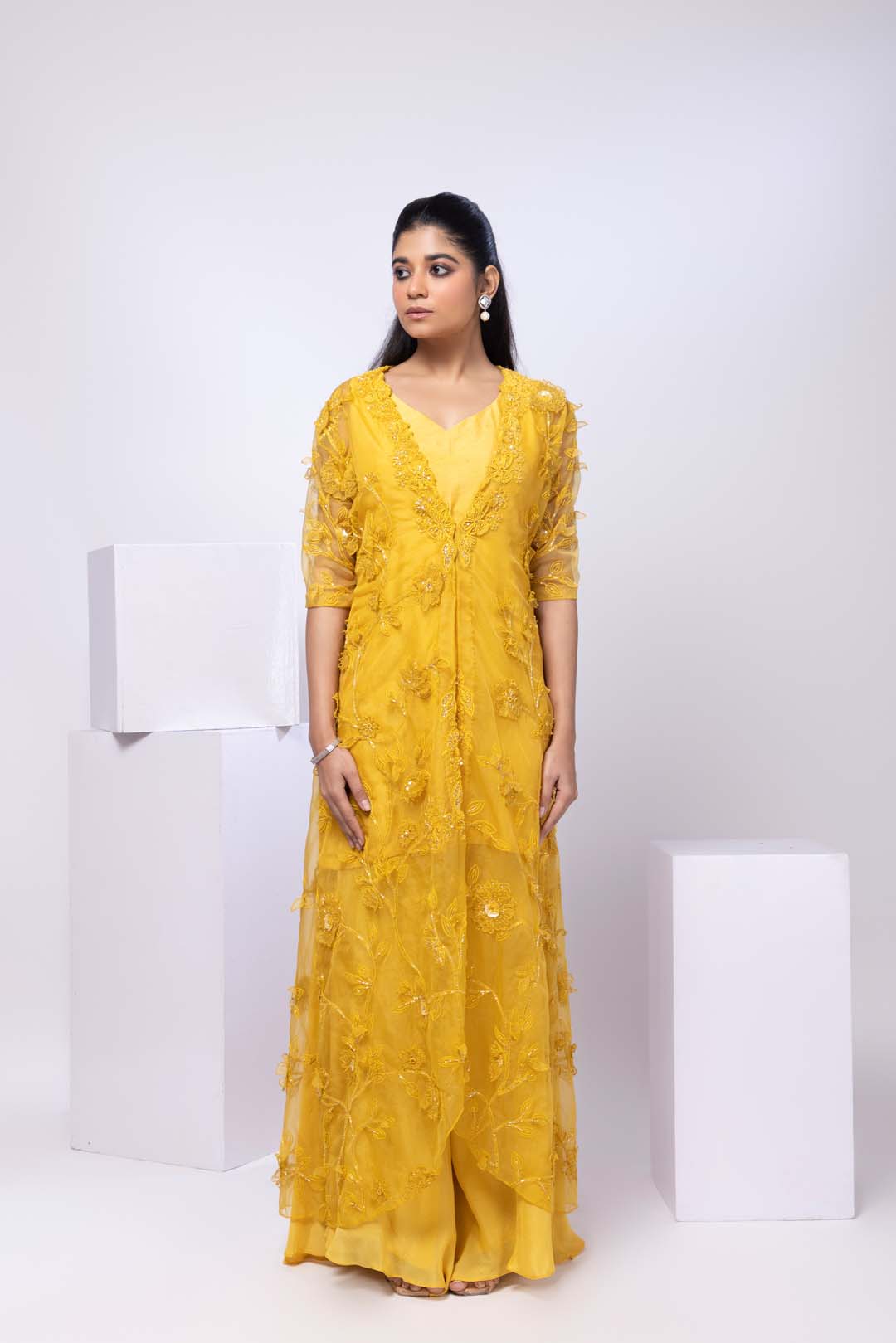 Yellow Wildflower Jacket and Drape Skirt Set