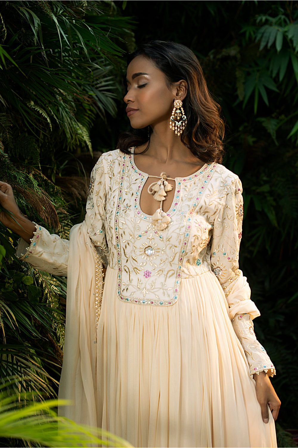 Ivory Georgette Anarkali Paired With Churidar And  Silk Organza Dupatta - Auraya Fashion