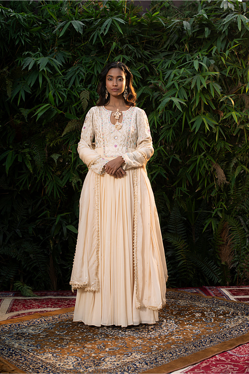 Ivory Georgette Anarkali Paired With Churidar And  Silk Organza Dupatta - Auraya Fashion - Guldavari -