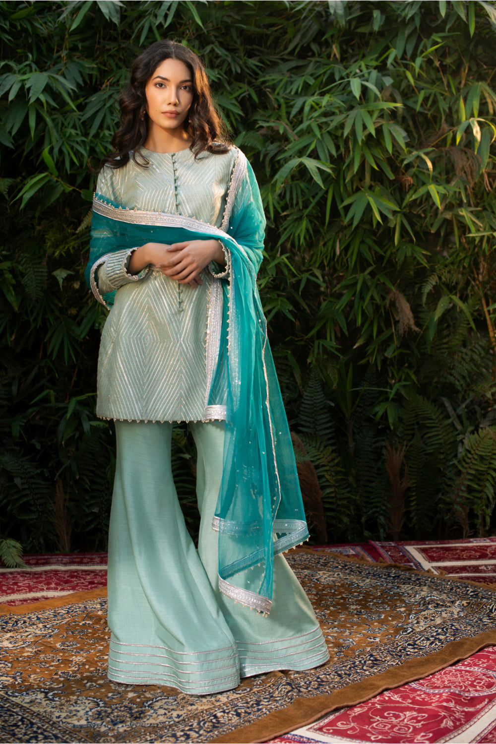 Ice Blue Raw Silk Kurti With Culottes Pants And Dupatta - Auraya Fashion - Guldavari -
