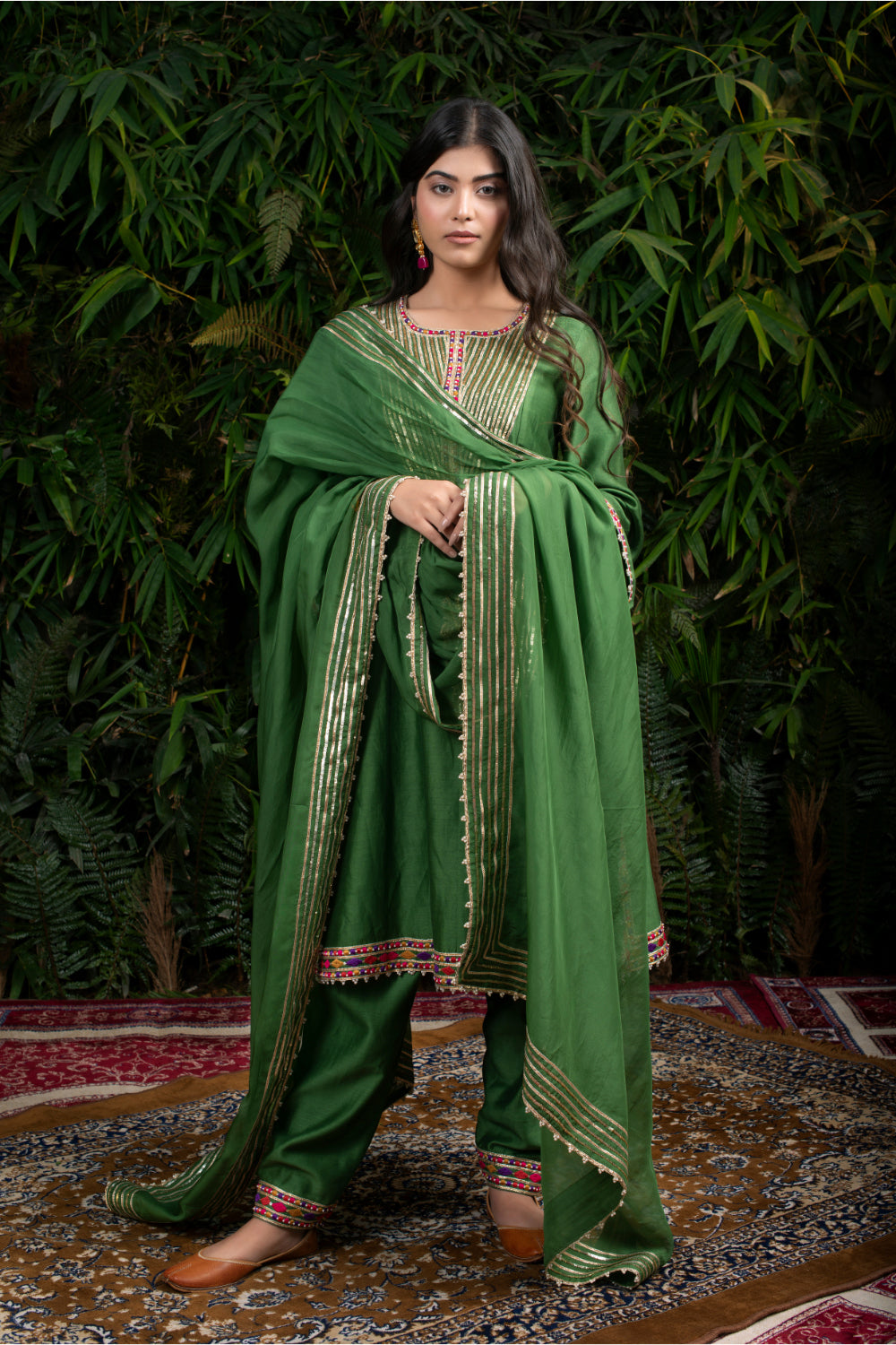 Forest Green Chanderi Silk A-Line Suit - Auraya Fashion - Guldavari -