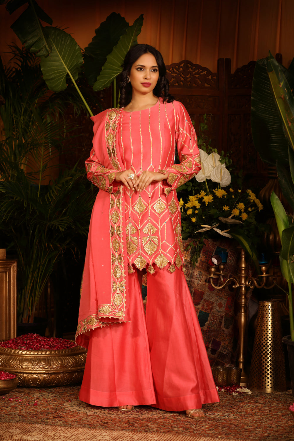 Coral Pink Kurti Paired With Culottes Pants And  Dupatta - Auraya Fashion - Guldavari -
