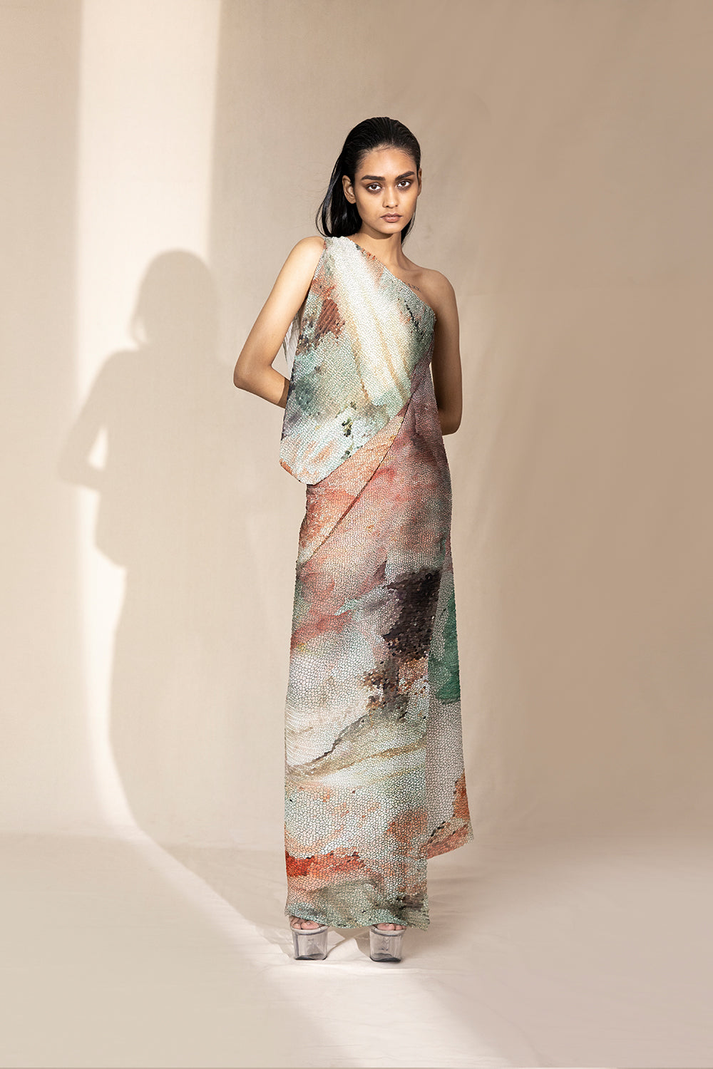 One-Off Shoulder Draped Dress - Auraya Fashion - Abhishek Sharma - #tag1# - #tag2# - #tag3# - #tag3#