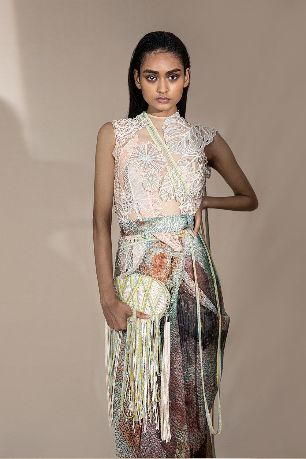 Embellished Top With Draped Saree - Auraya Fashion - Abhishek Sharma - #tag1# - #tag2# - #tag3# - #tag3#