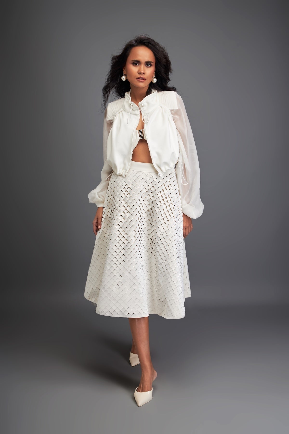 3D Textured A-Line Skirt with Grid Pattern