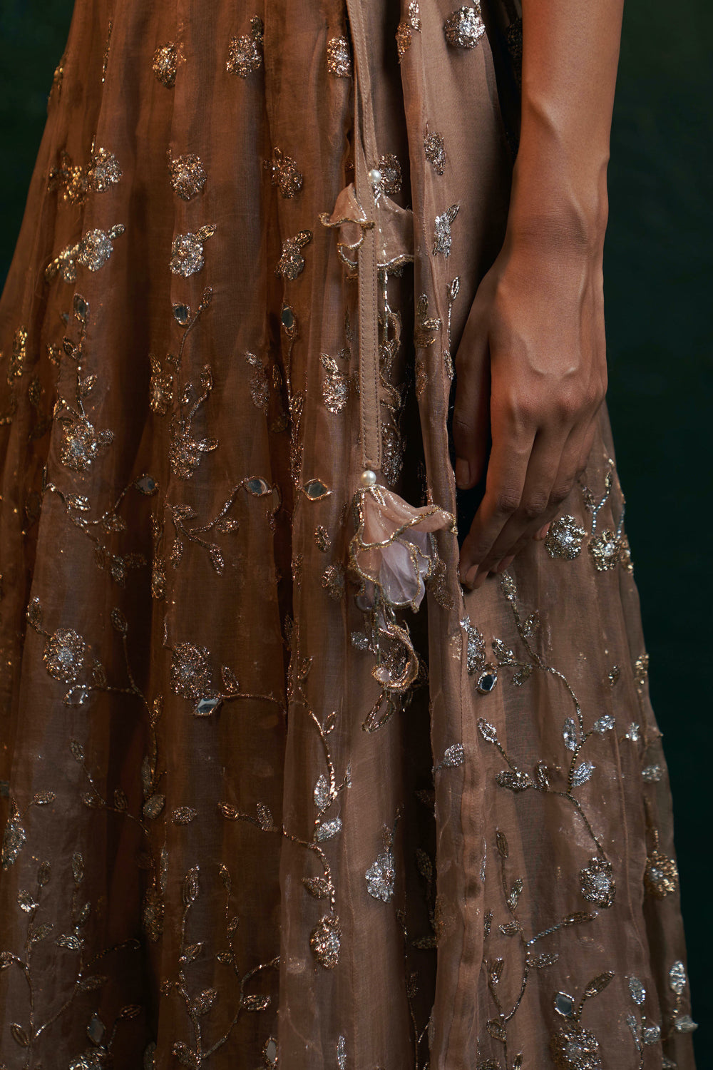 Midas Ginger Organza Hand Embroidered Lehenga - Set Of 3
