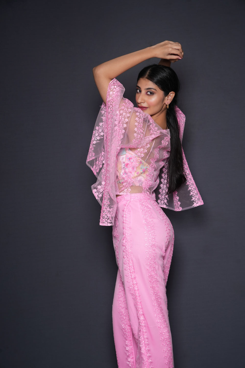 Pink Cropped Cape Blouse Pant Set - Auraya Fashion -  - #tag1# - #tag2# - #tag3# - #tag3#